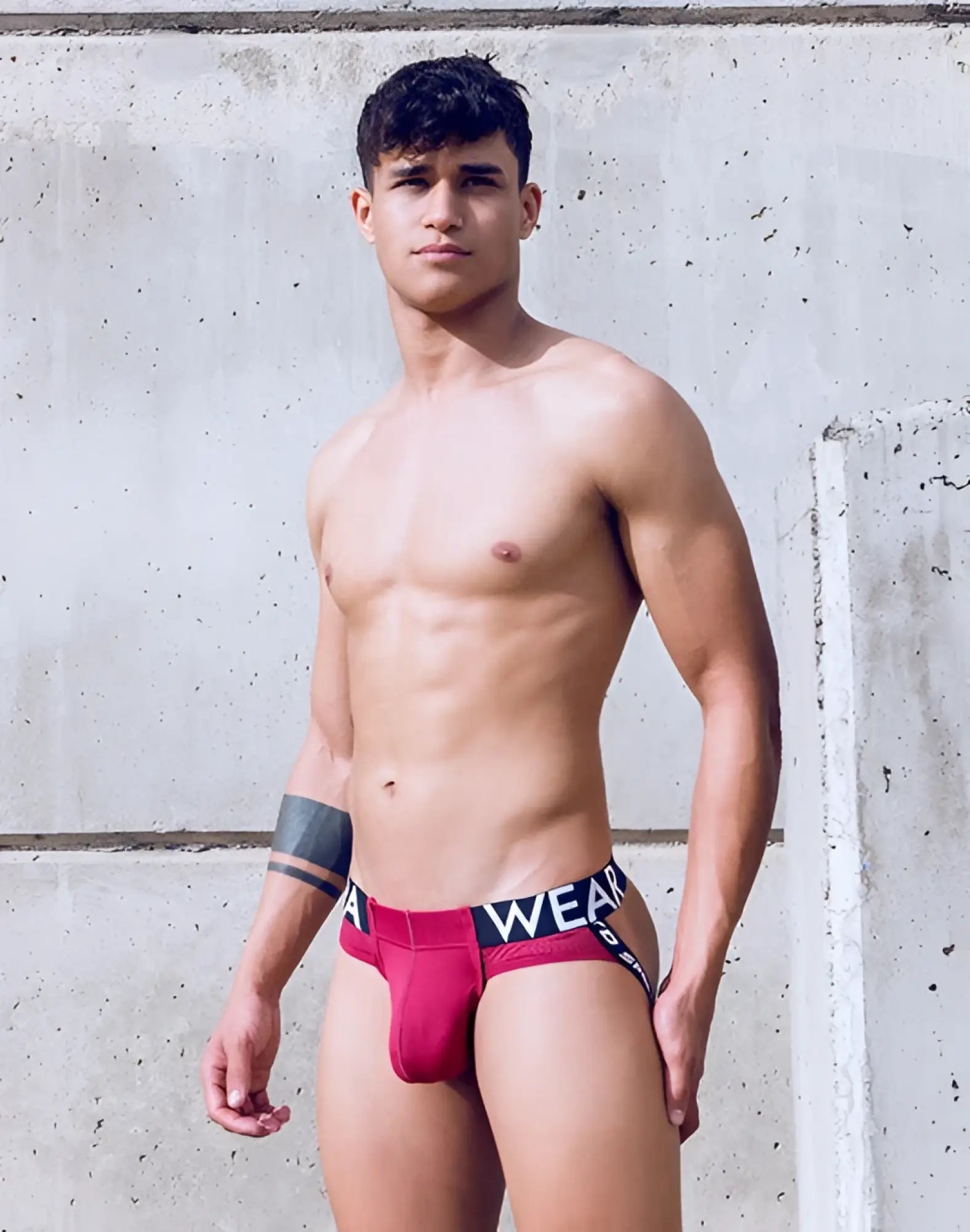 SupaWear SPR Max jockstrap underwear in vibrant redbud color with high-waisted briefs and black elastic waistband