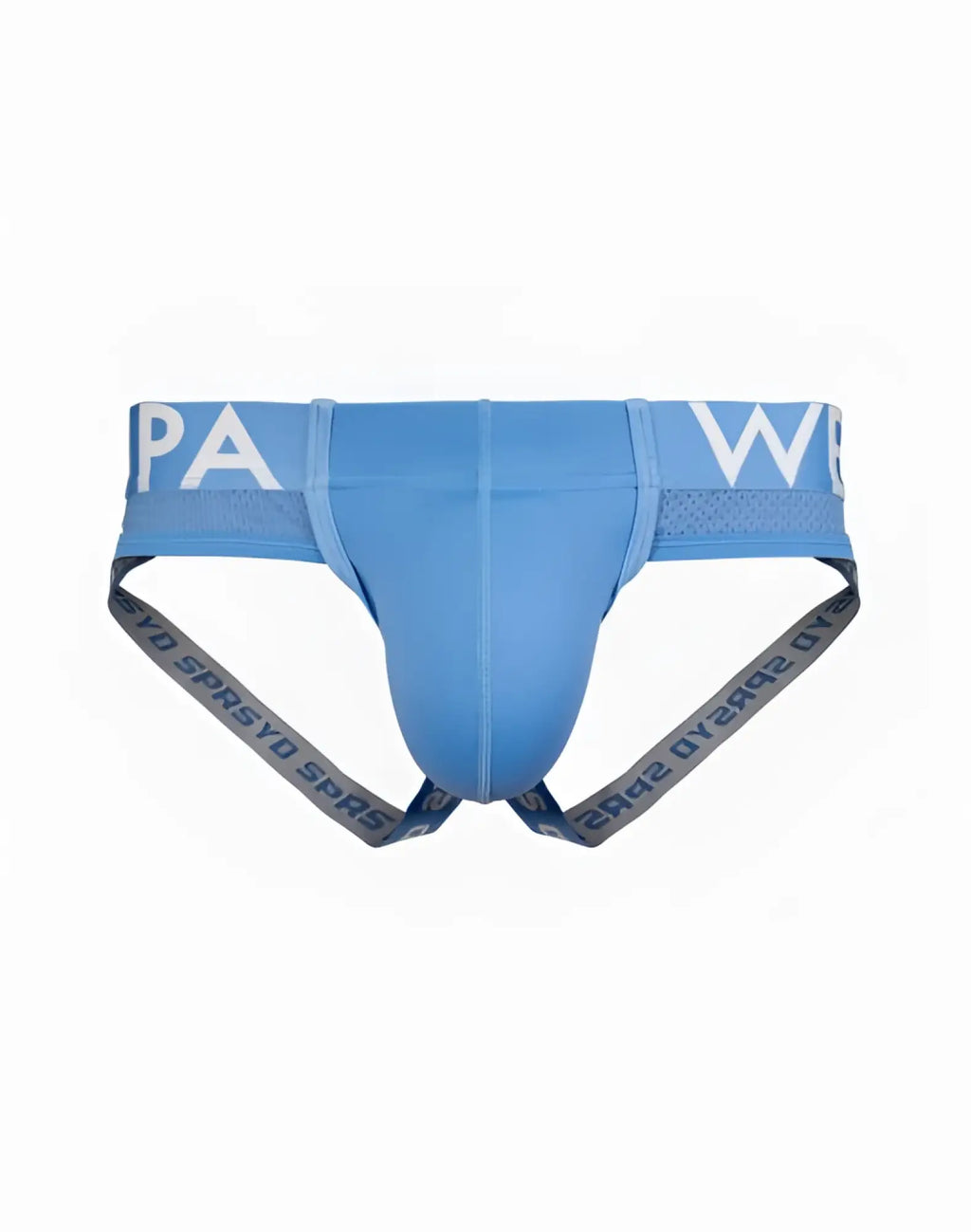 Light blue men’s briefs with white paw logo on waistband and gray suspenders with repeating text by supawear