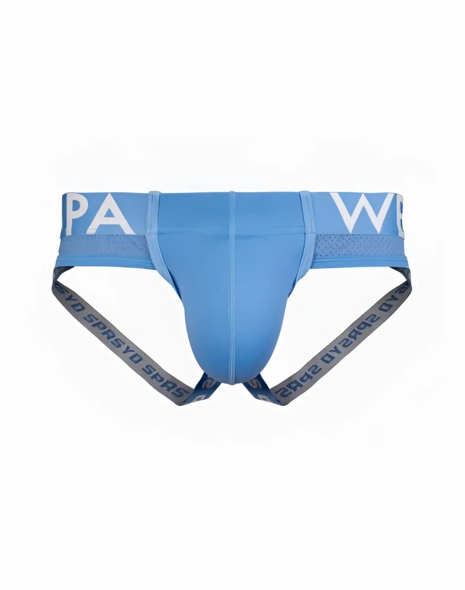 Light blue men’s briefs with white paw logo on waistband and gray suspenders with repeating text by supawear