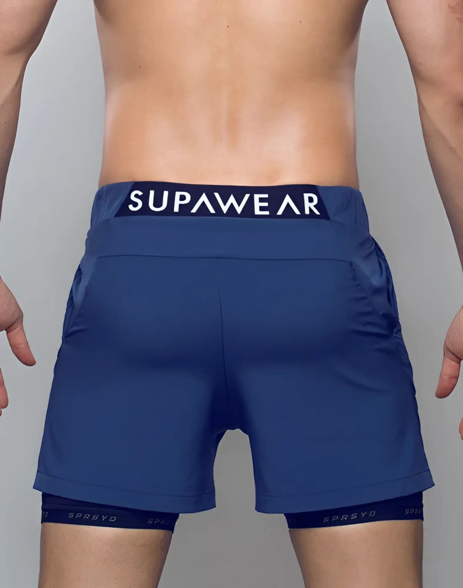 Navy blue supawear spr max shorts featuring a branded waistband and matching inner leg bands for athletic use