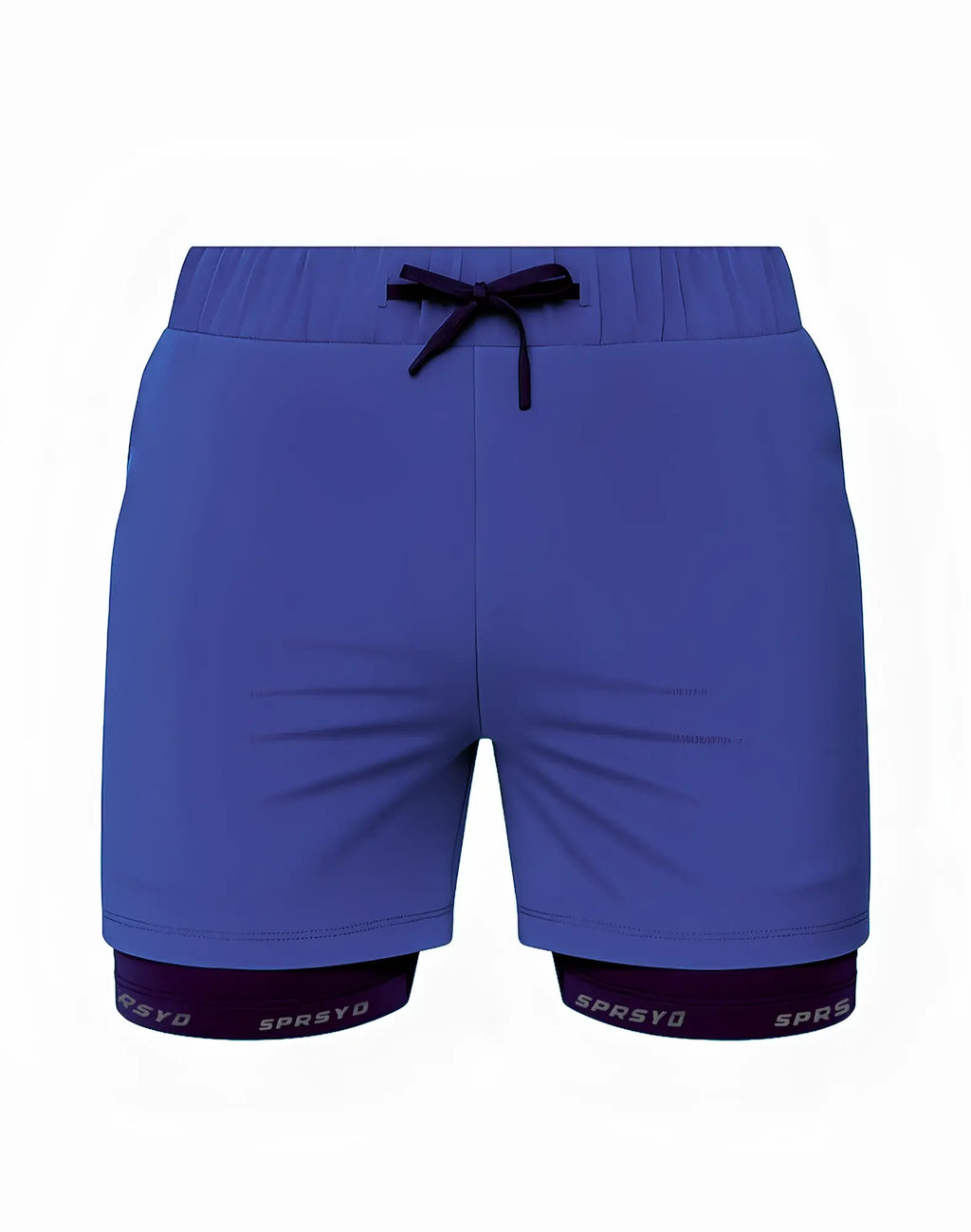 SupaweaR spr max shorts in navy blue with black drawstring waistband and dark purple inner lining with sprsyo branding