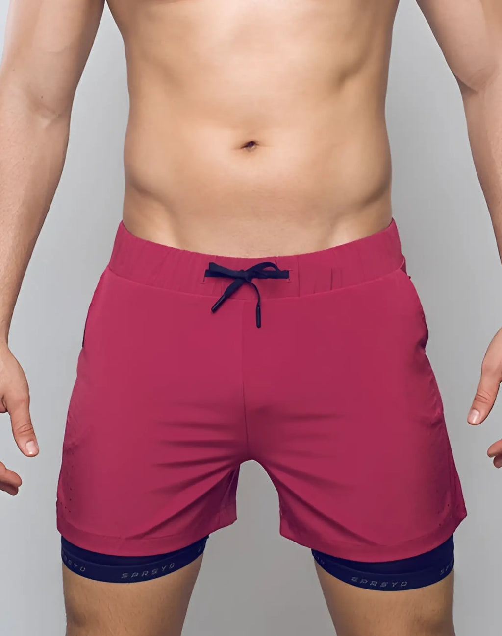 Supa wear spr max shorts in redbud magenta with navy blue drawstring and matching inner liner for athletic use
