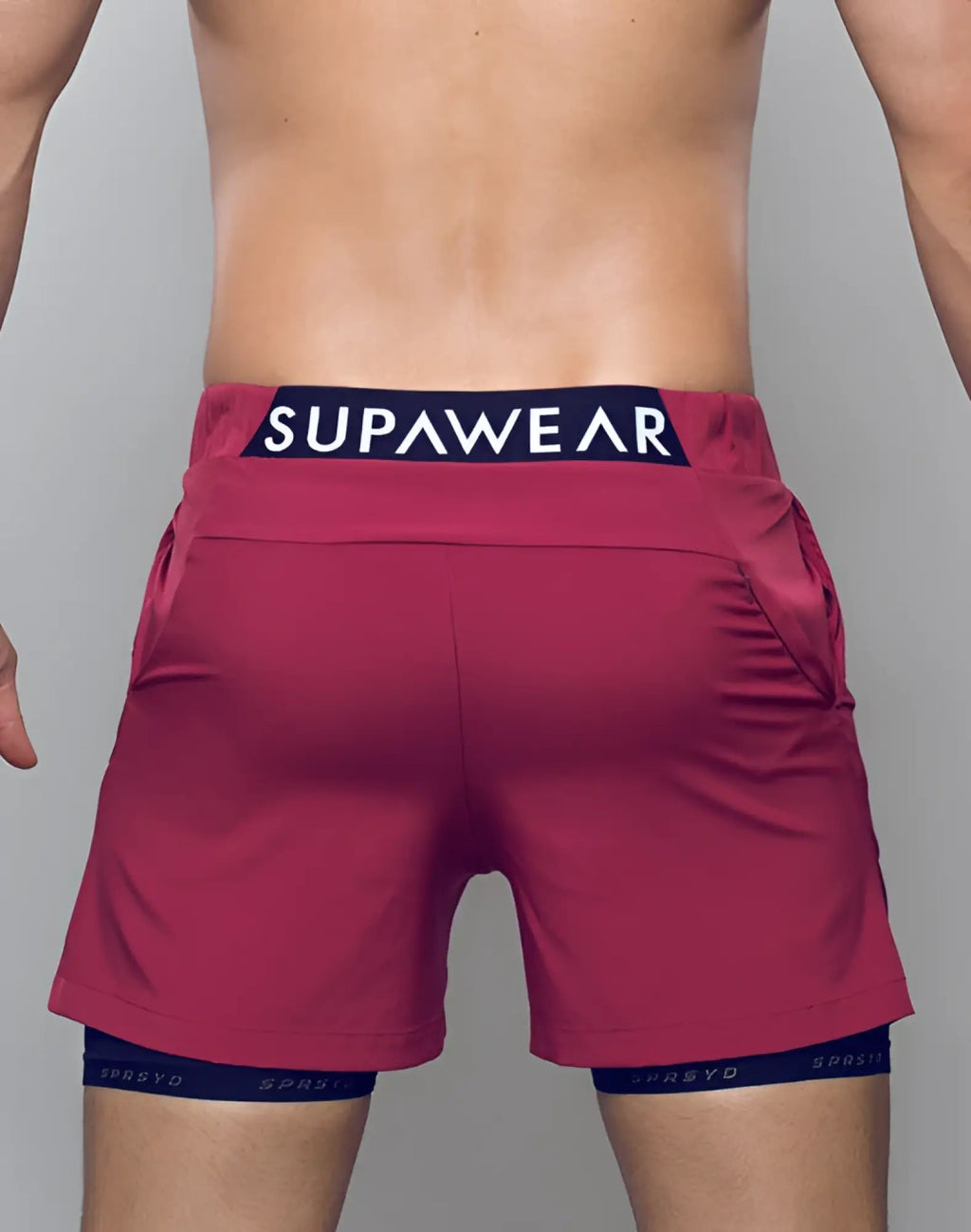 Maroon supawear spr max shorts with navy blue waistband logo and matching inner layer for athletic performance