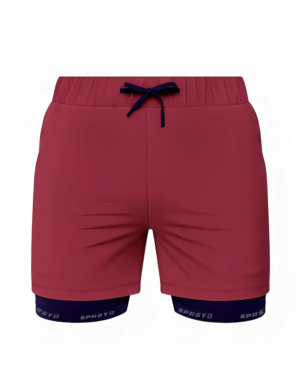 SupaWear SPR Max redbud athletic shorts in maroon with navy blue drawstring and sprsyd branded inner lining