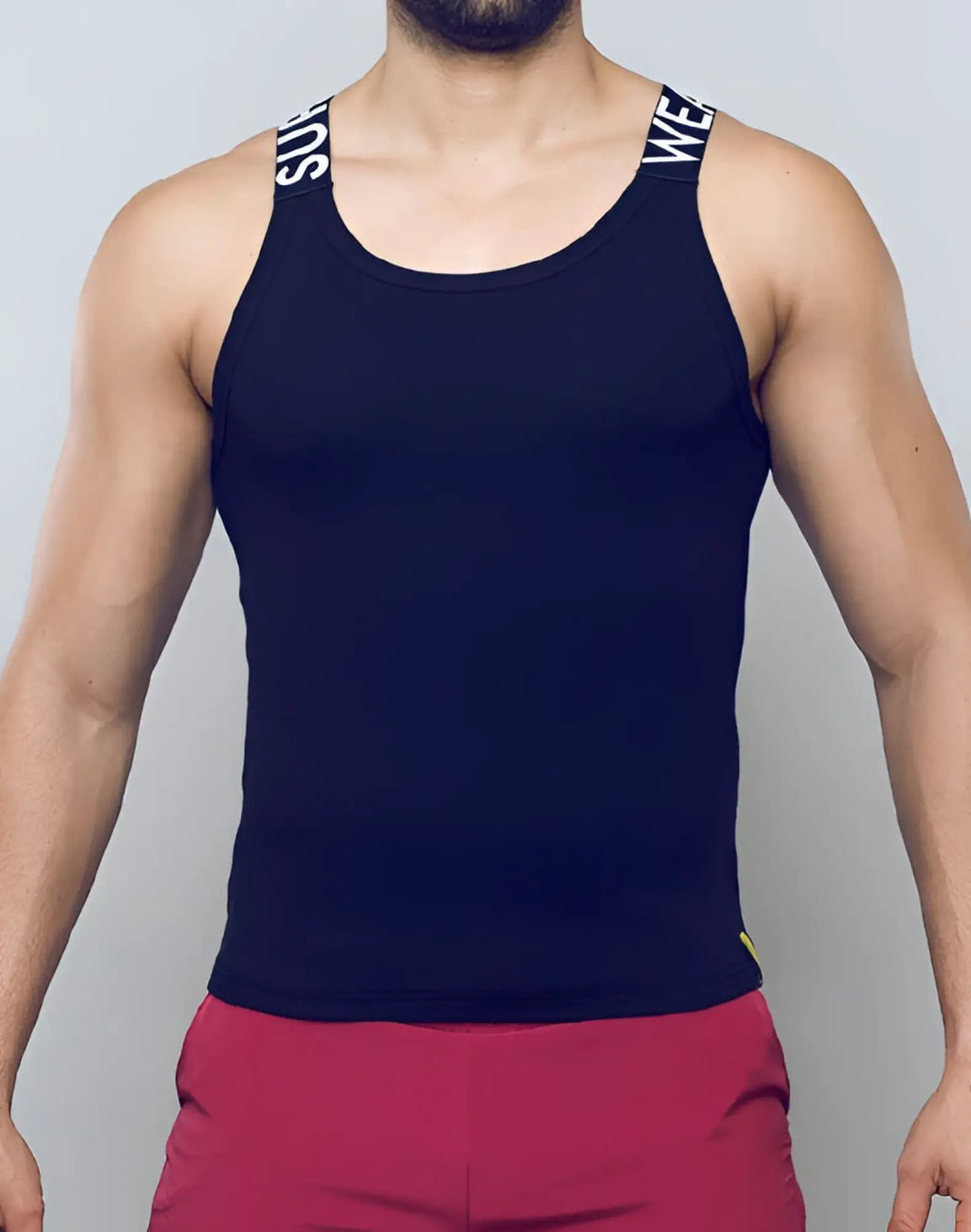 Black SUPAWEAR SPR Max Singlet ribbed tank top with white super lettering on shoulder straps for activewear use