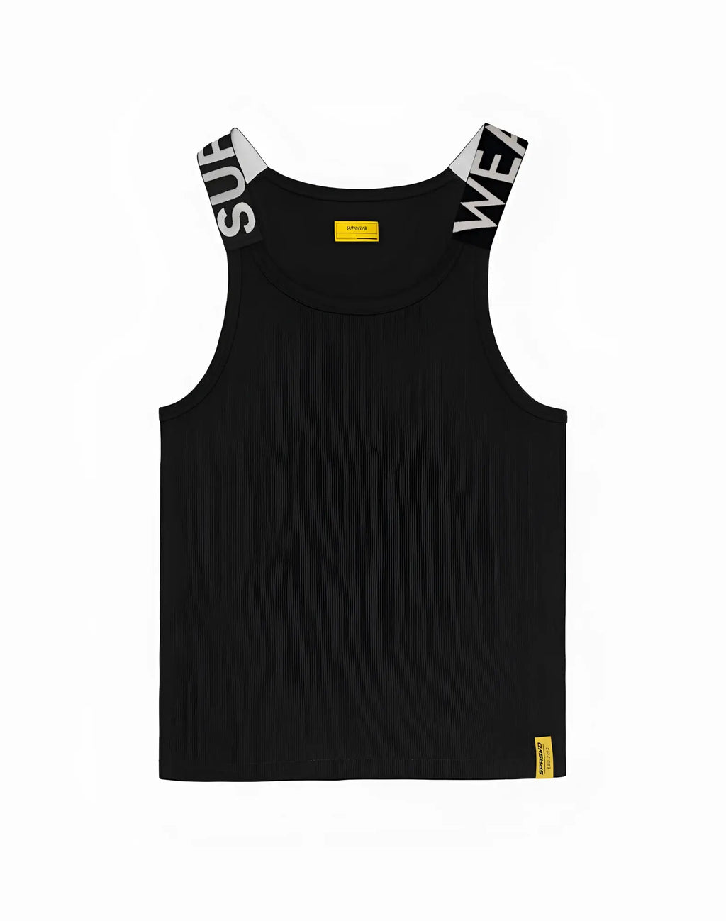 SupaWear SPR Max singlet black sleeveless tank top with white sweat lettering on shoulder straps and yellow brand tags