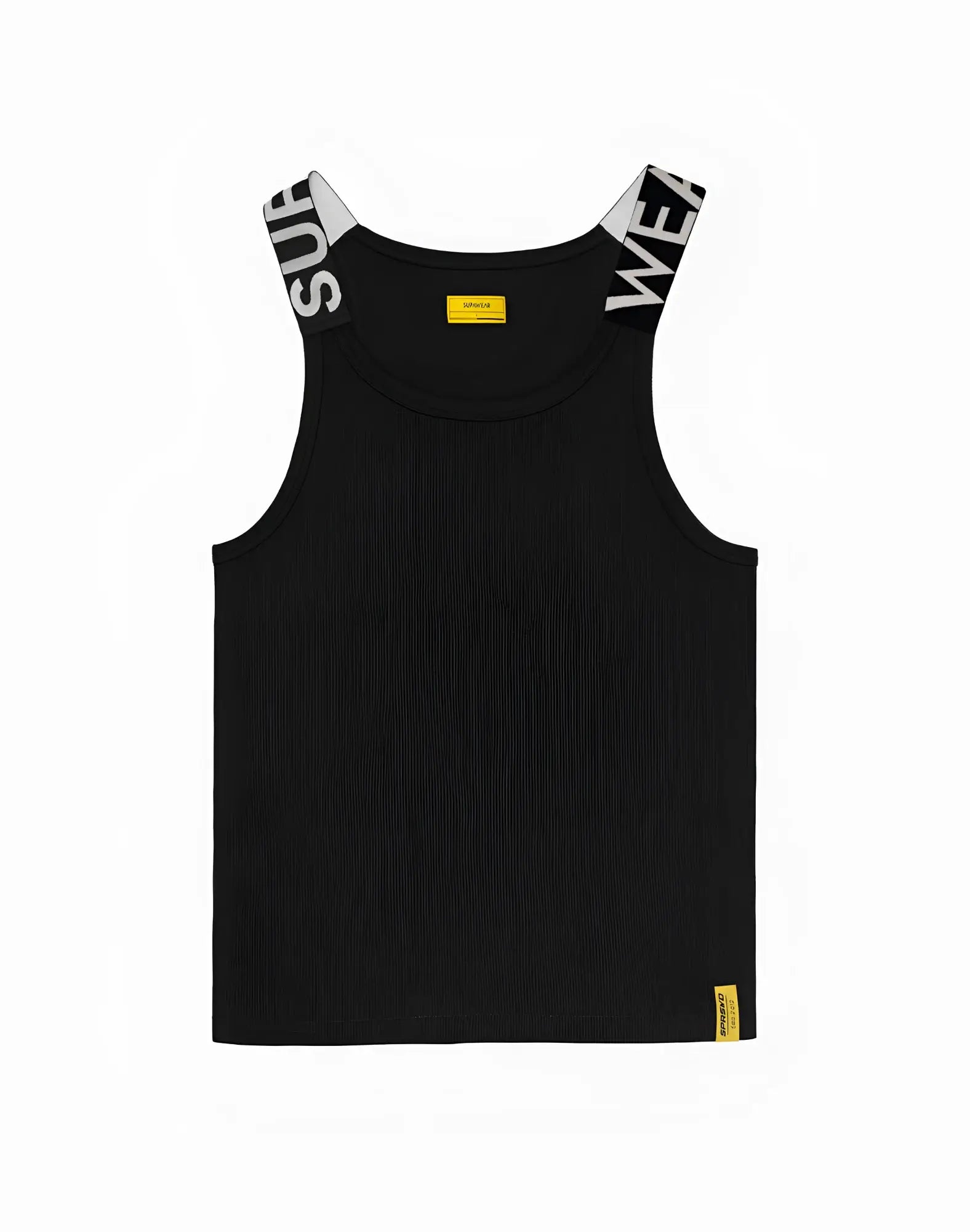 SupaWear SPR Max singlet black sleeveless tank top with white sweat lettering on shoulder straps and yellow brand tags