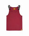 Maroon sleeveless tank top with black and white striped straps and sup branding in supawear spr max singlet redbud