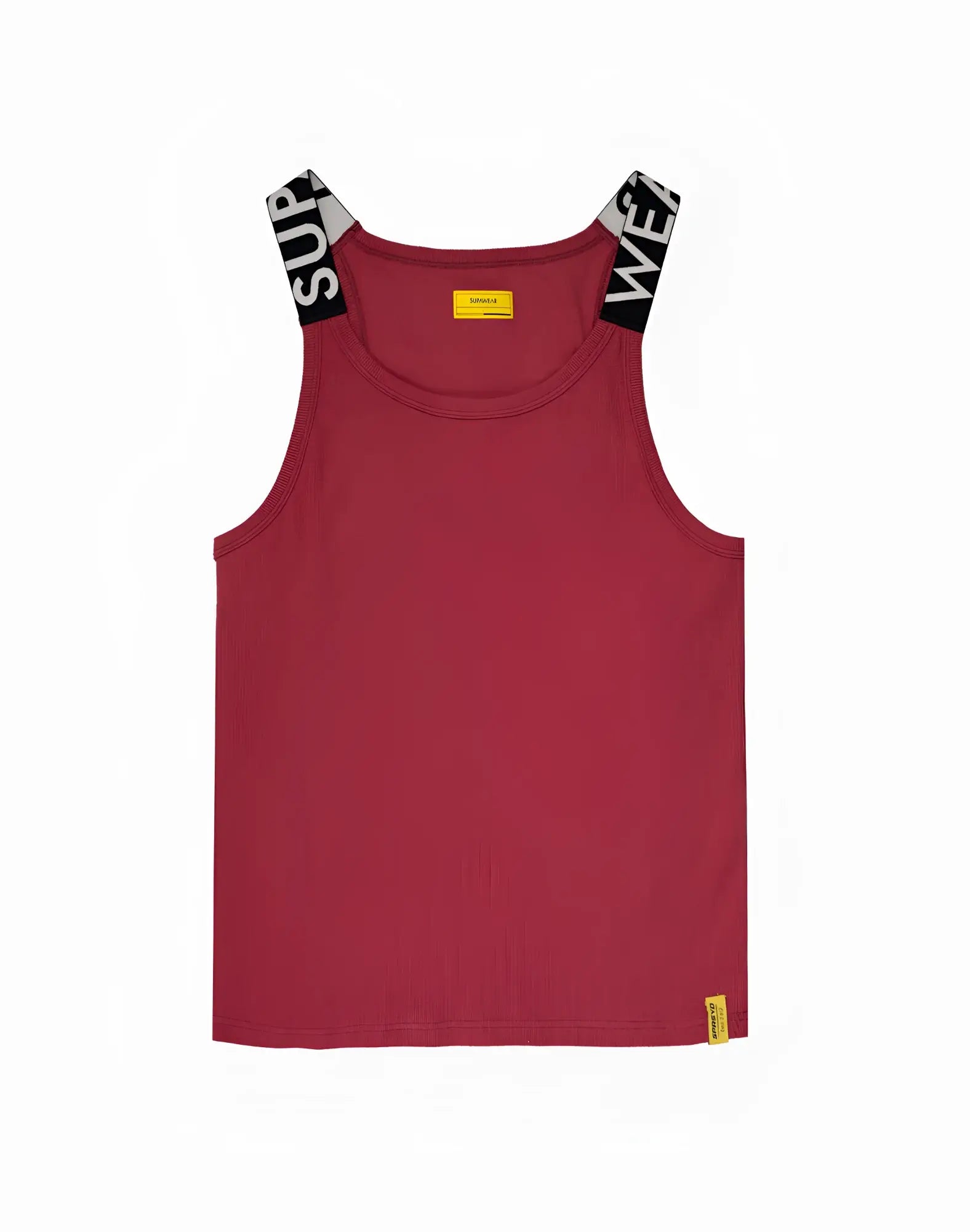 Maroon sleeveless tank top with black and white striped straps and sup branding in supawear spr max singlet redbud