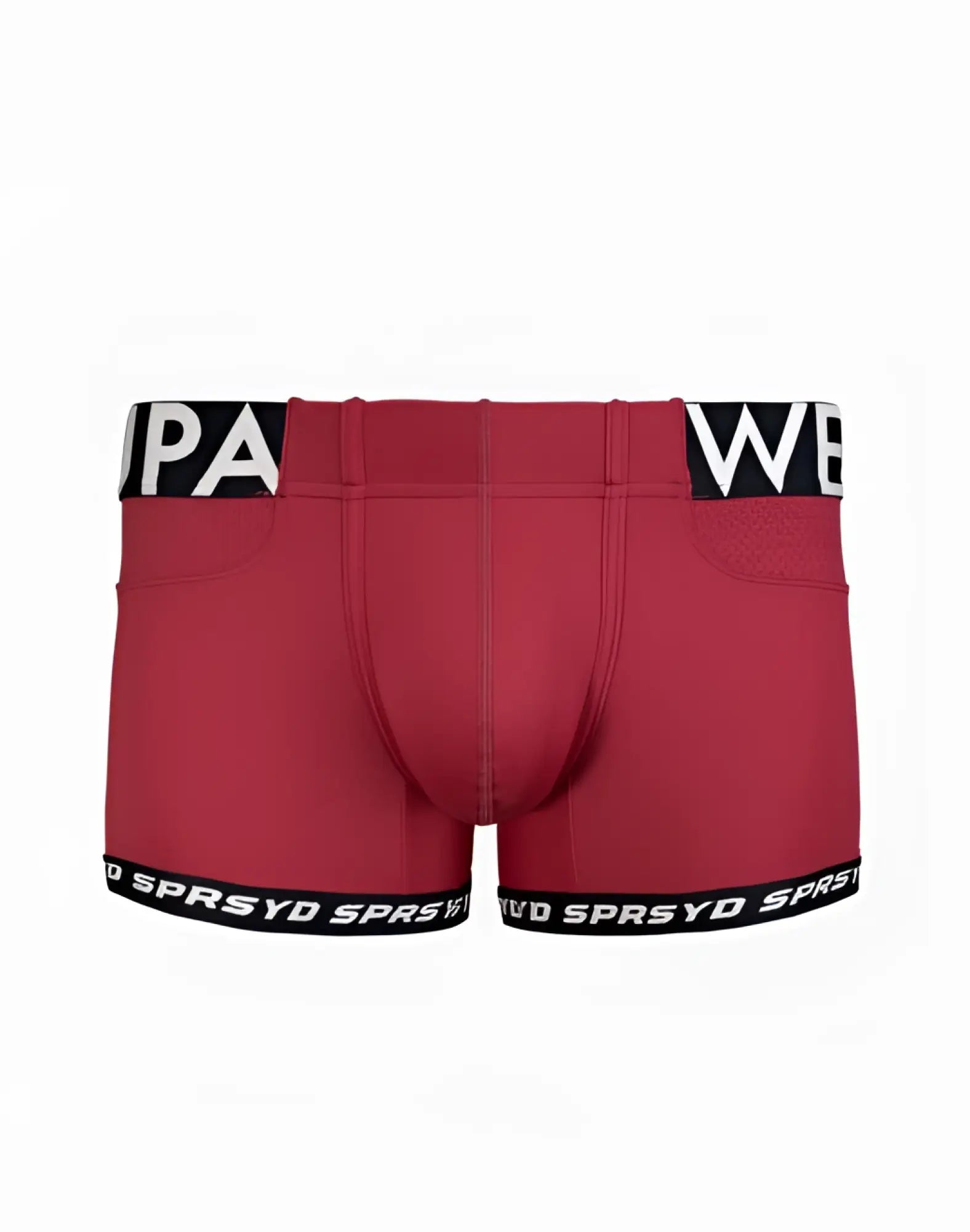 Red supawear spr max trunk underwear with black elastic waistband and leg bands featuring white lettering