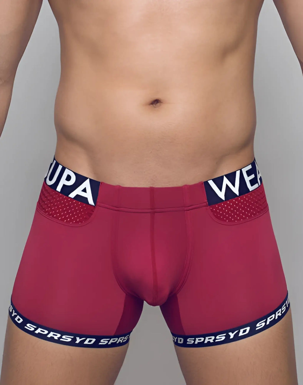 Red supawear spr max trunk underwear with navy elastic waistband and leg bands featuring white lettering
