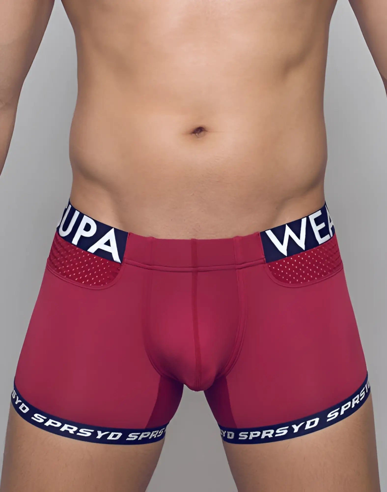 Red supawear spr max trunk underwear with navy elastic waistband and leg bands featuring white lettering