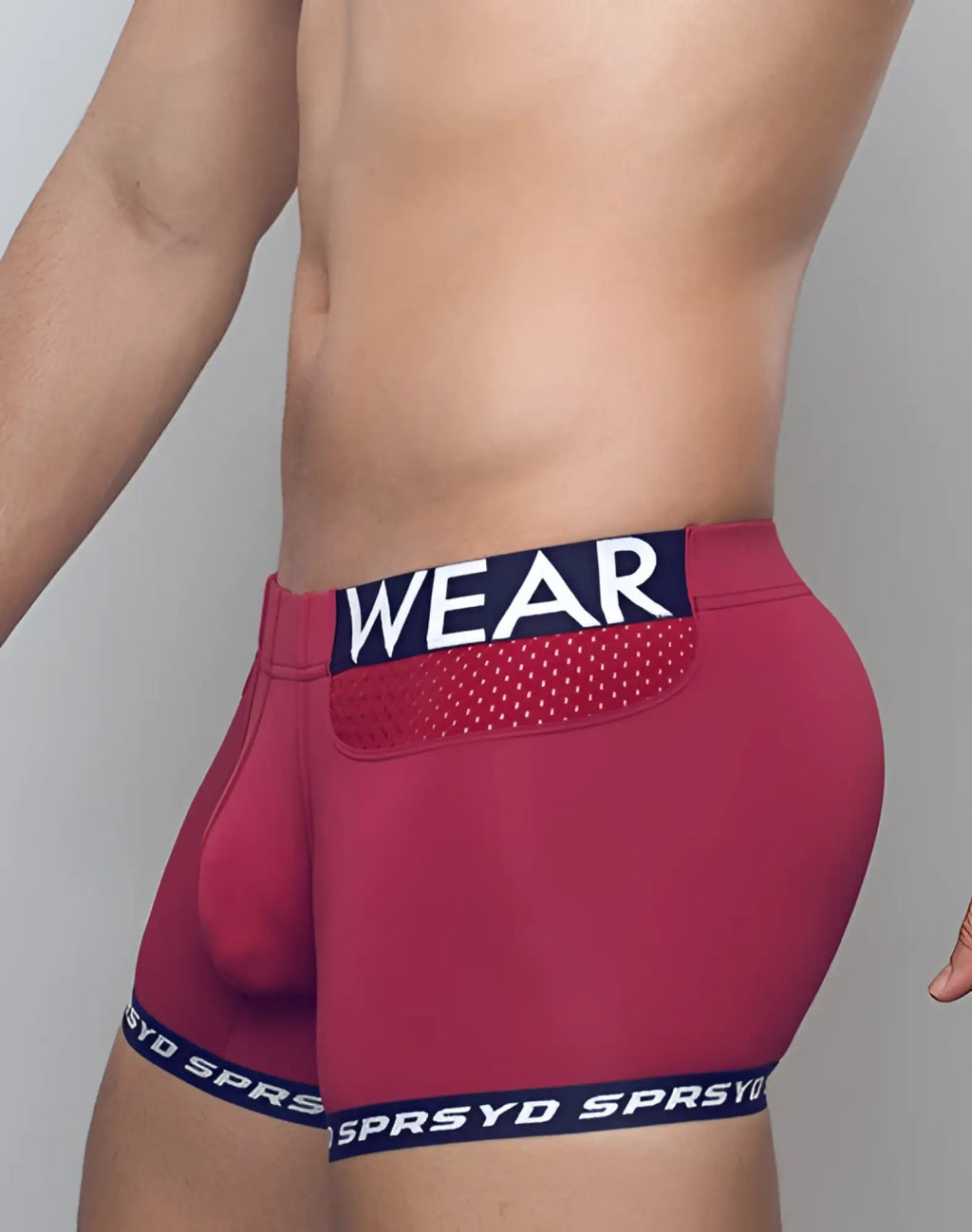 Red SUPAWEAR SPR Max trunk underwear with navy waistband and side mesh panel in comfortable breathable fabric
