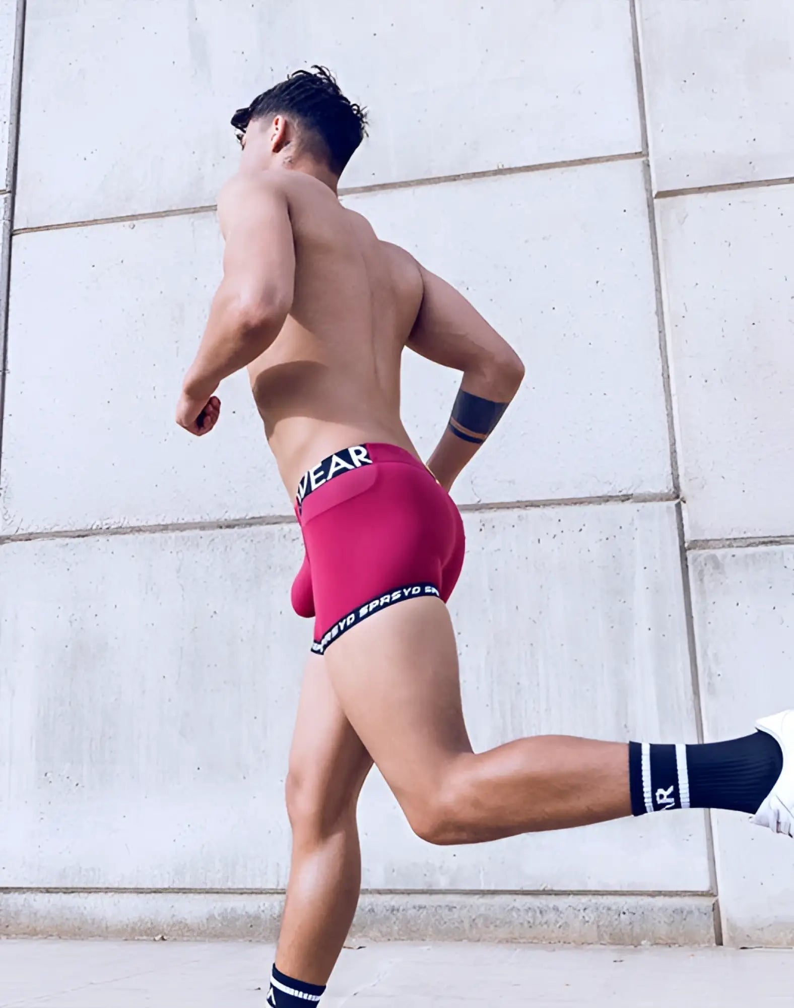 SupaWear SPR Max Trunk underwear in redbud features snug stretchy boxer briefs with a bold black waistband and white lettering
