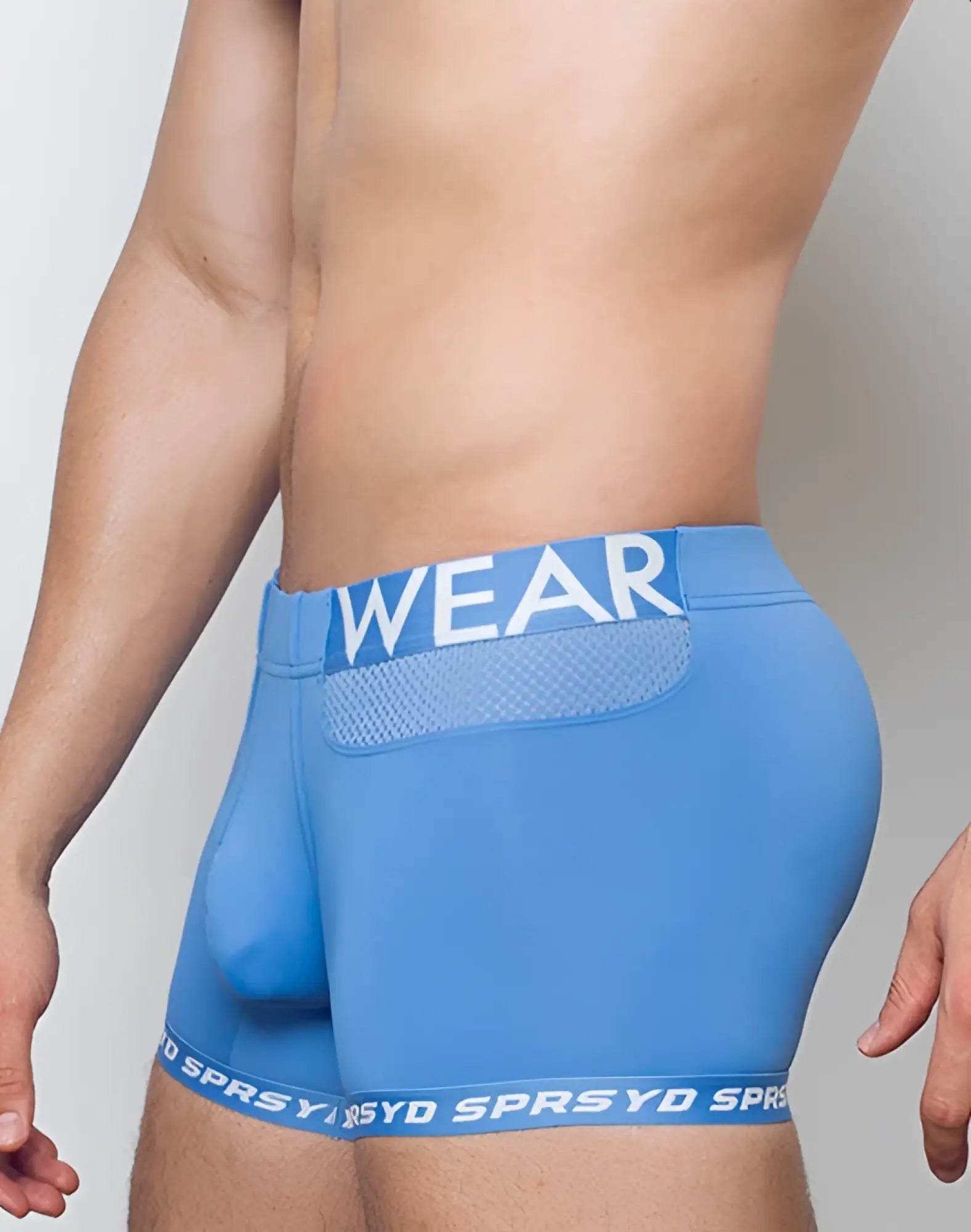 Light blue supawear spr max trunk underwear with mesh panel and white wear branding on the waistband
