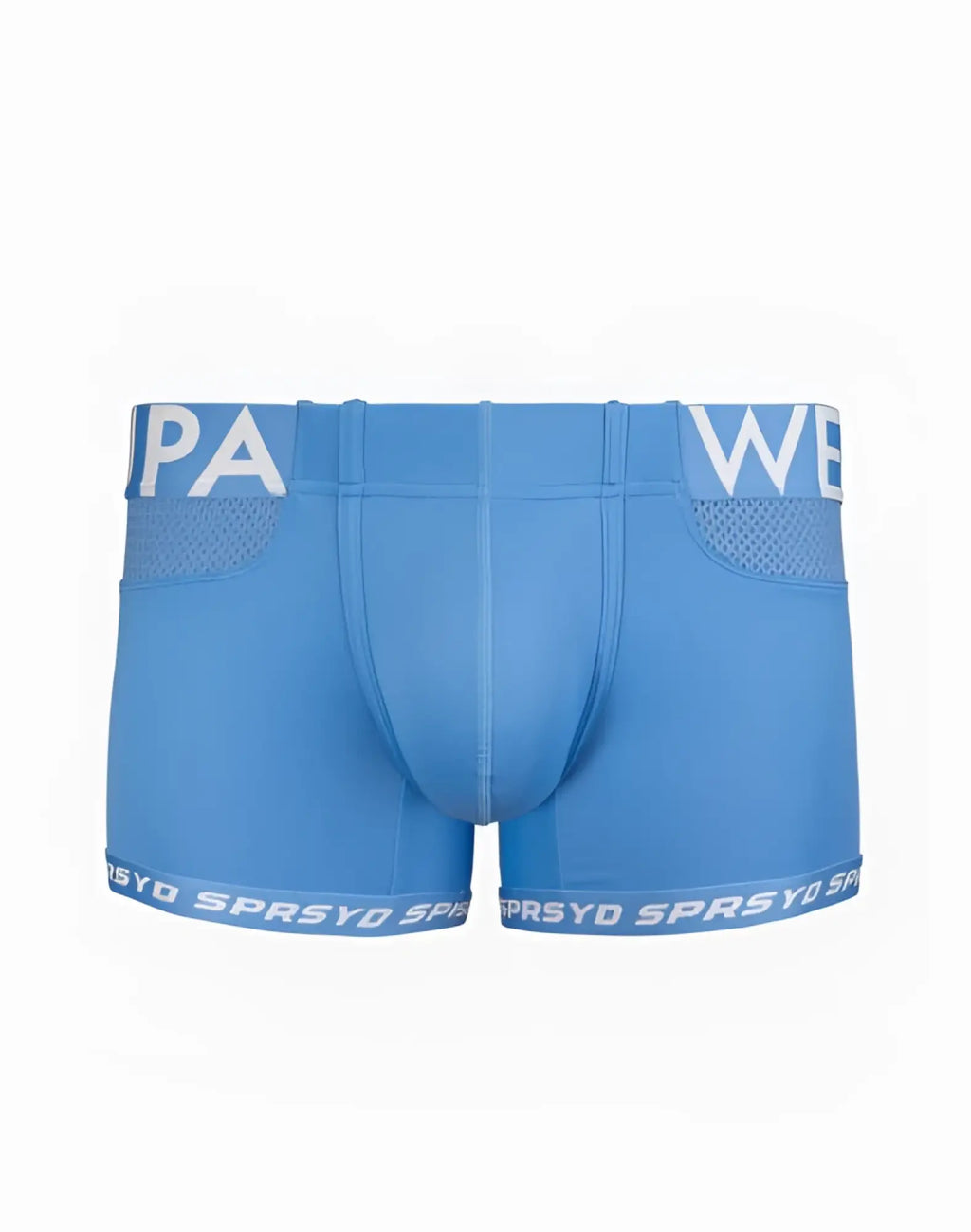 Light blue supawear spr max trunk men’s boxer briefs with white lettering and breathable mesh panels in skyway color