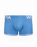 Light blue supawear spr max trunk men’s boxer briefs with white lettering and breathable mesh panels in skyway color