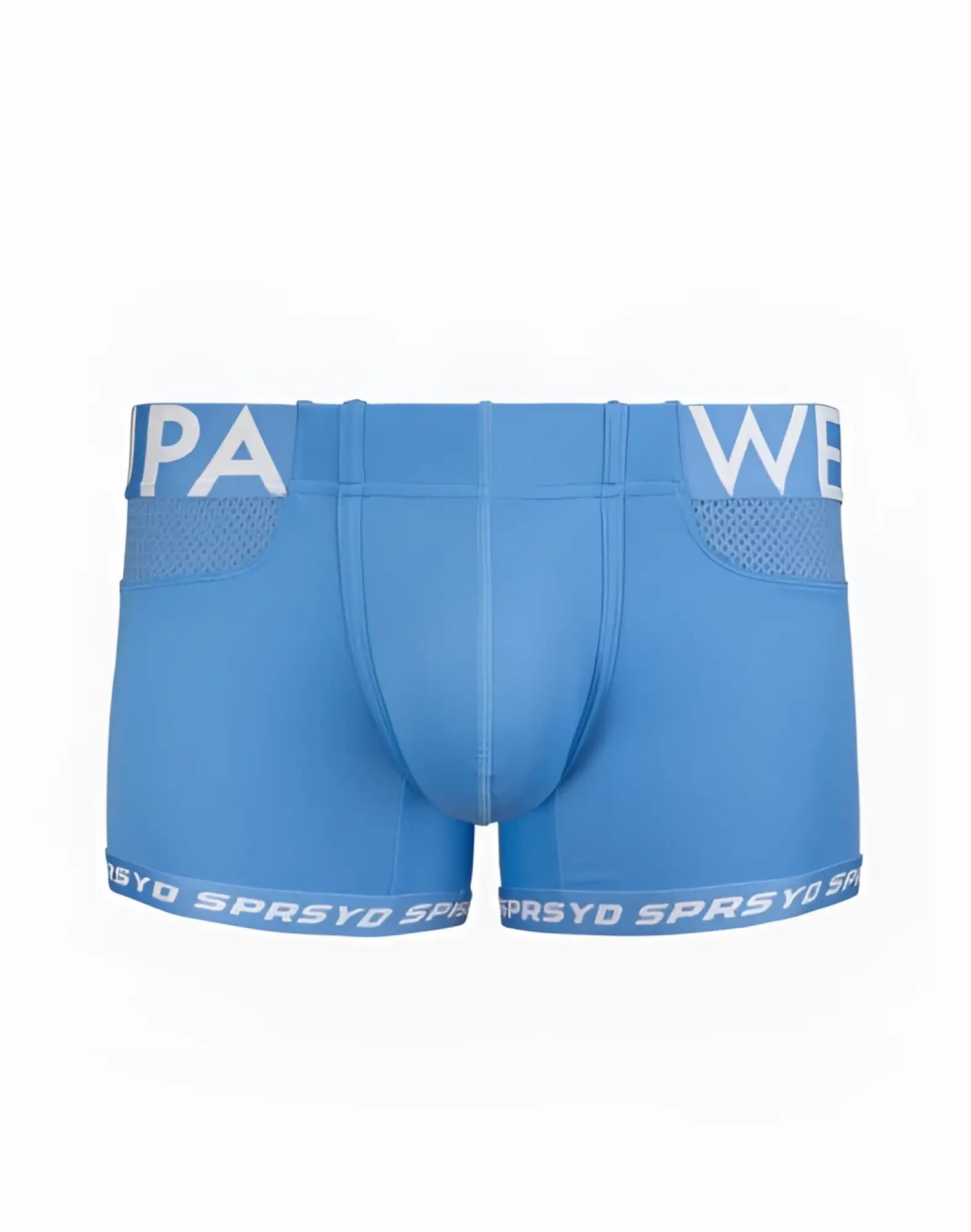 Light blue supawear spr max trunk men’s boxer briefs with white lettering and breathable mesh panels in skyway color