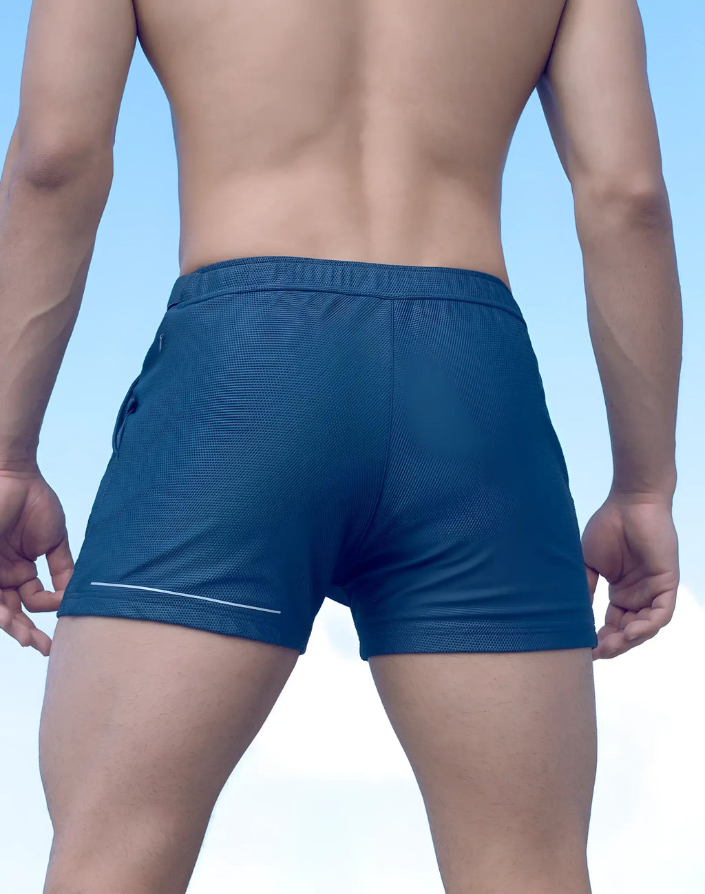 SupaWear SPR mesh shorts in blue with textured fabric and subtle white trim along the side seam