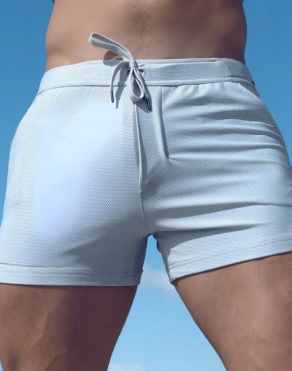 SupaWear SPR mesh shorts in light gray with breathable fabric and a matching drawstring waistband for athletic use