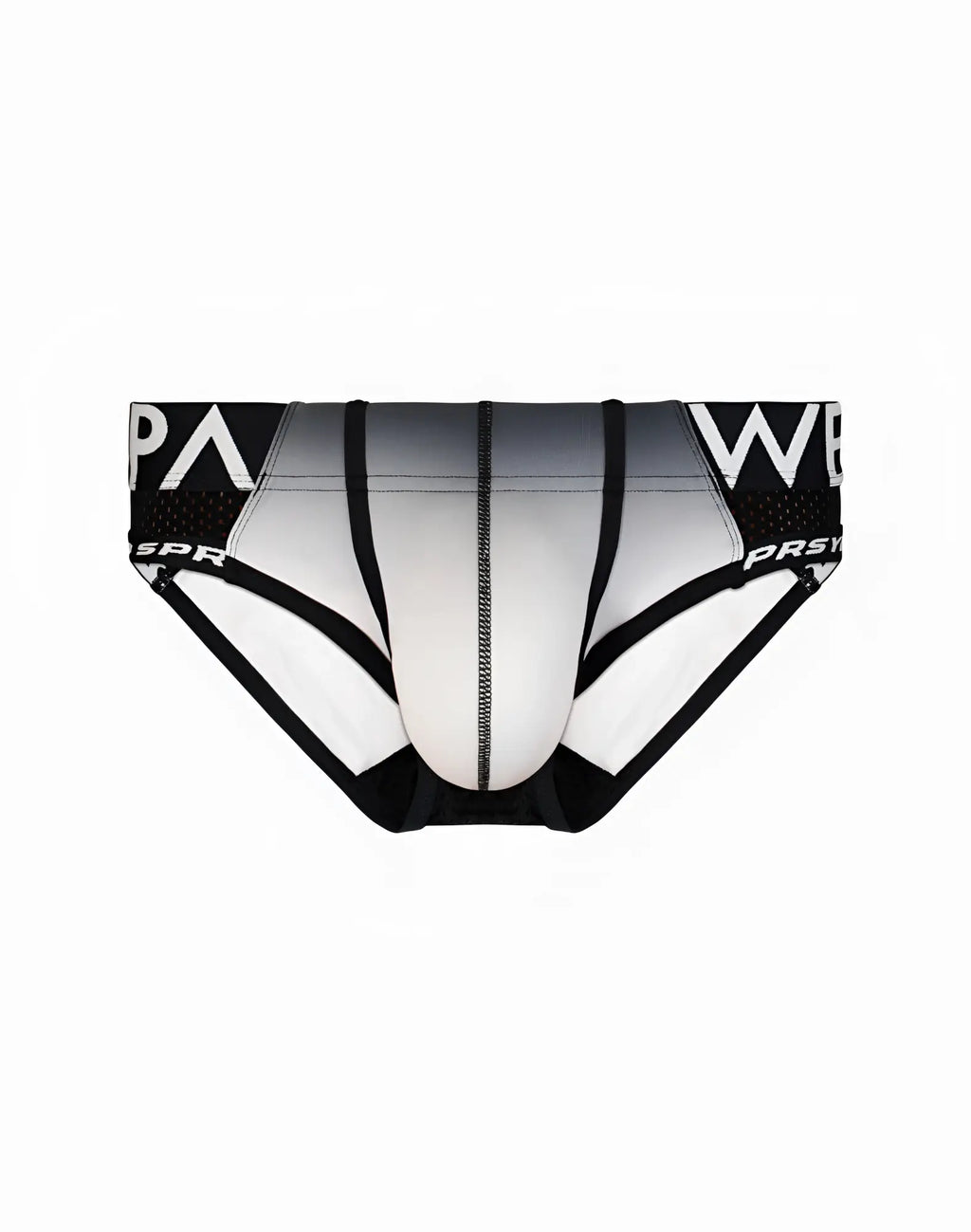 Black and white gradient SUPAWEAR SPR performance men’s briefs with bold waistband lettering for active wear