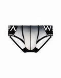 Black and white gradient SUPAWEAR SPR performance men’s briefs with bold waistband lettering for active wear