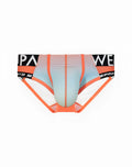 Orange and light blue gradient SUPAWEAR SPR performance brief underwear with black waistband and white lettering