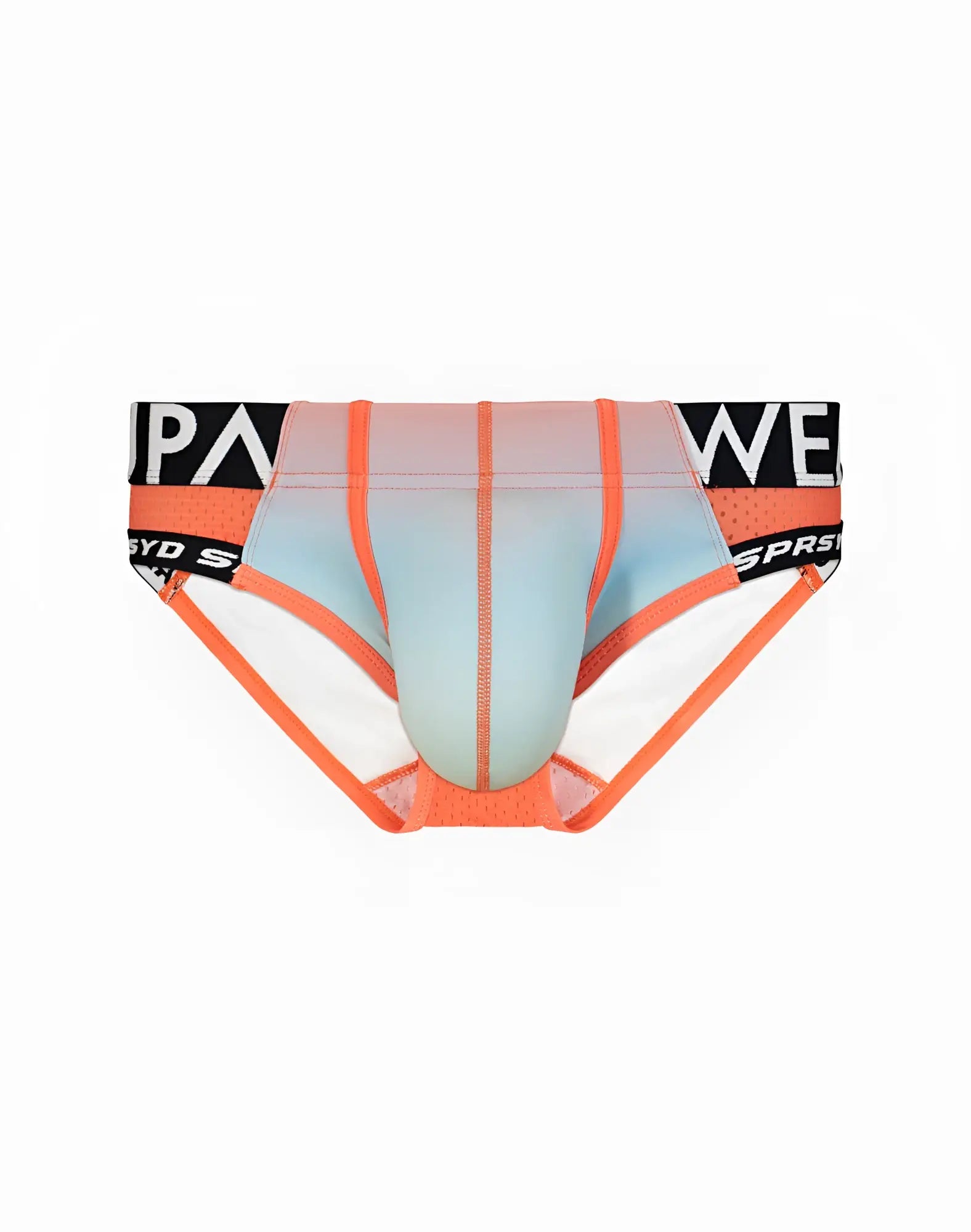 Orange and light blue gradient SUPAWEAR SPR performance brief underwear with black waistband and white lettering