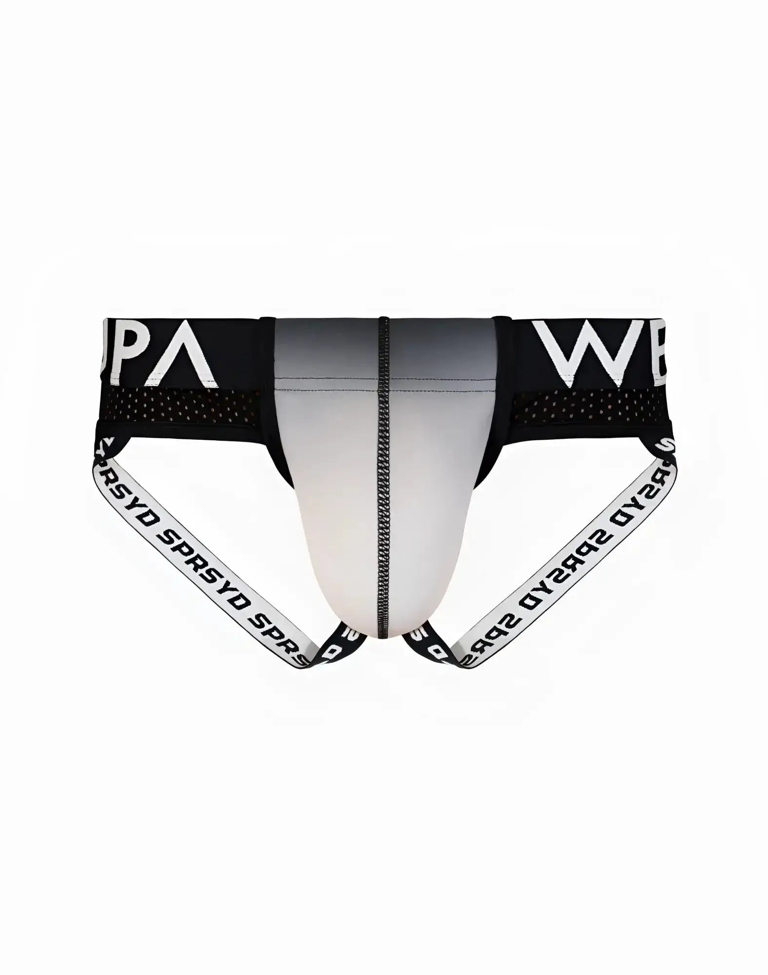 SupaWear SPR performance gradient jockstrap underwear in black and white with a gray gradient panel down the center