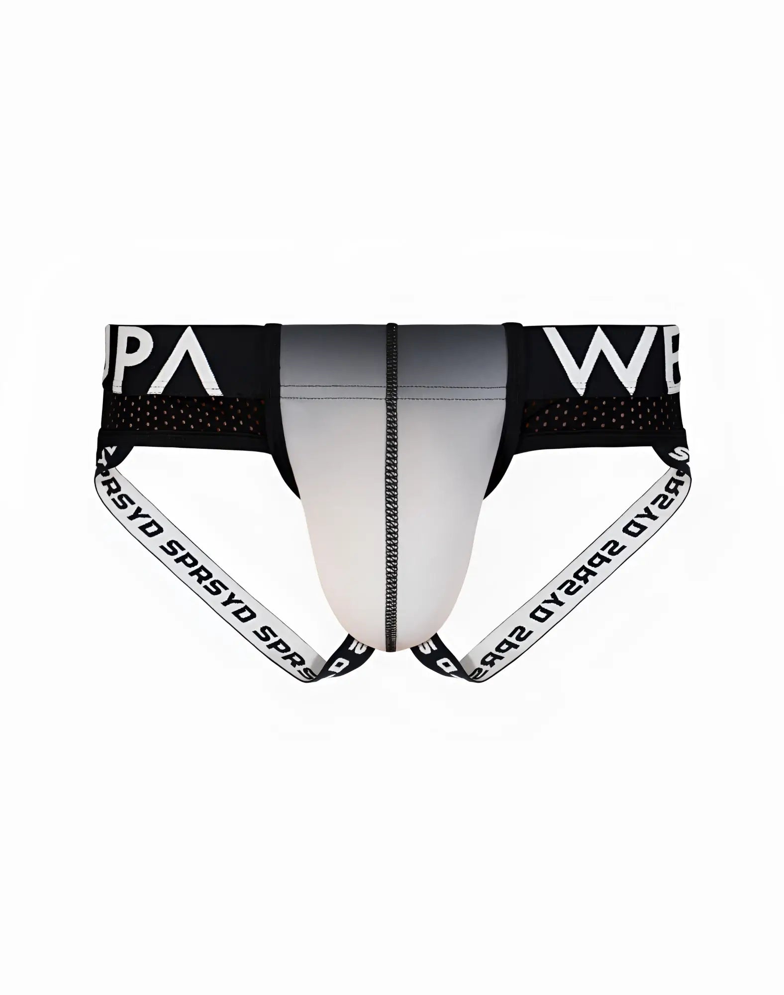 SupaWear SPR performance gradient jockstrap underwear in black and white with a gray gradient panel down the center