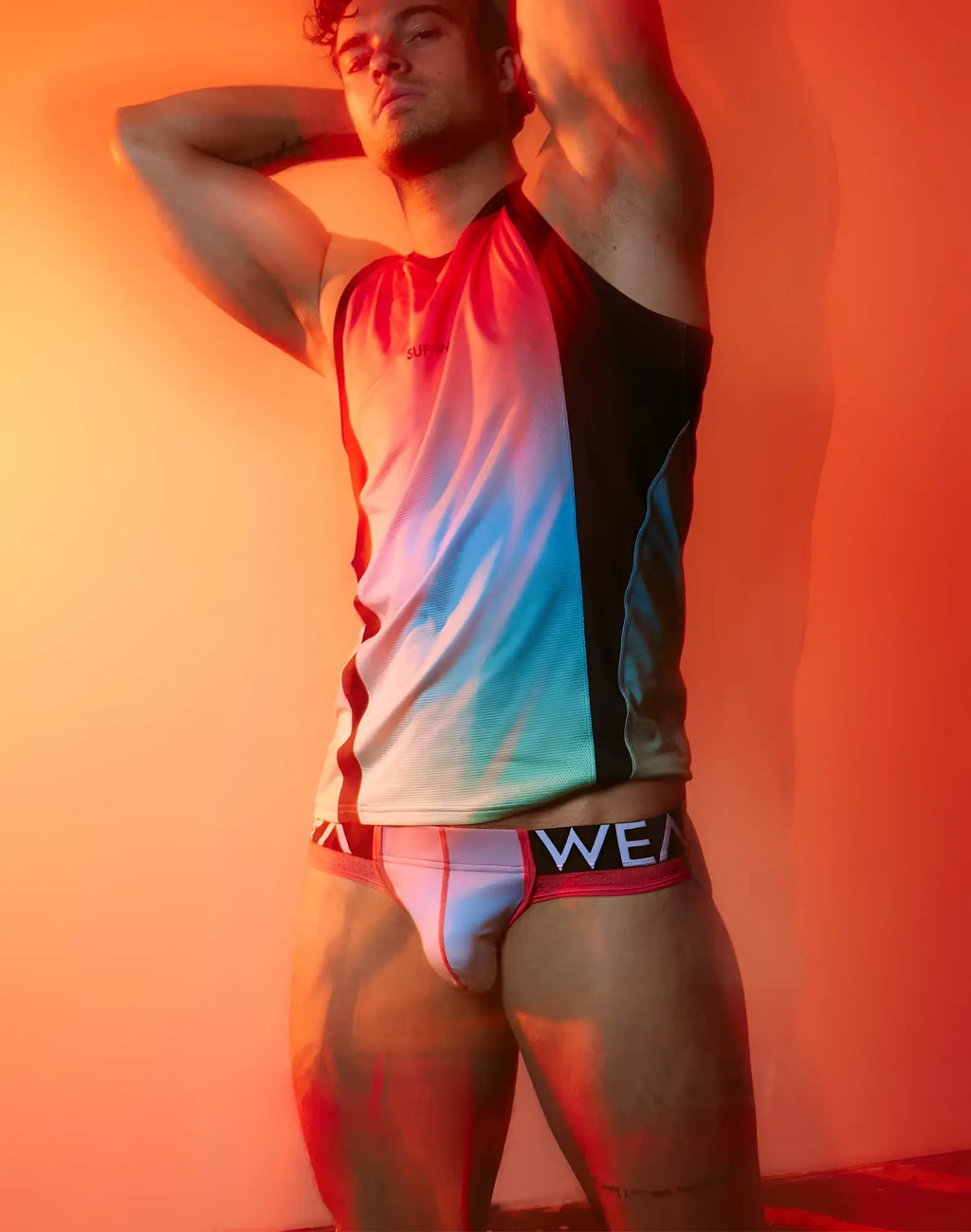 SupaWear SPR performance gradient jockstrap underwear in white and red with black waistband and wear logo
