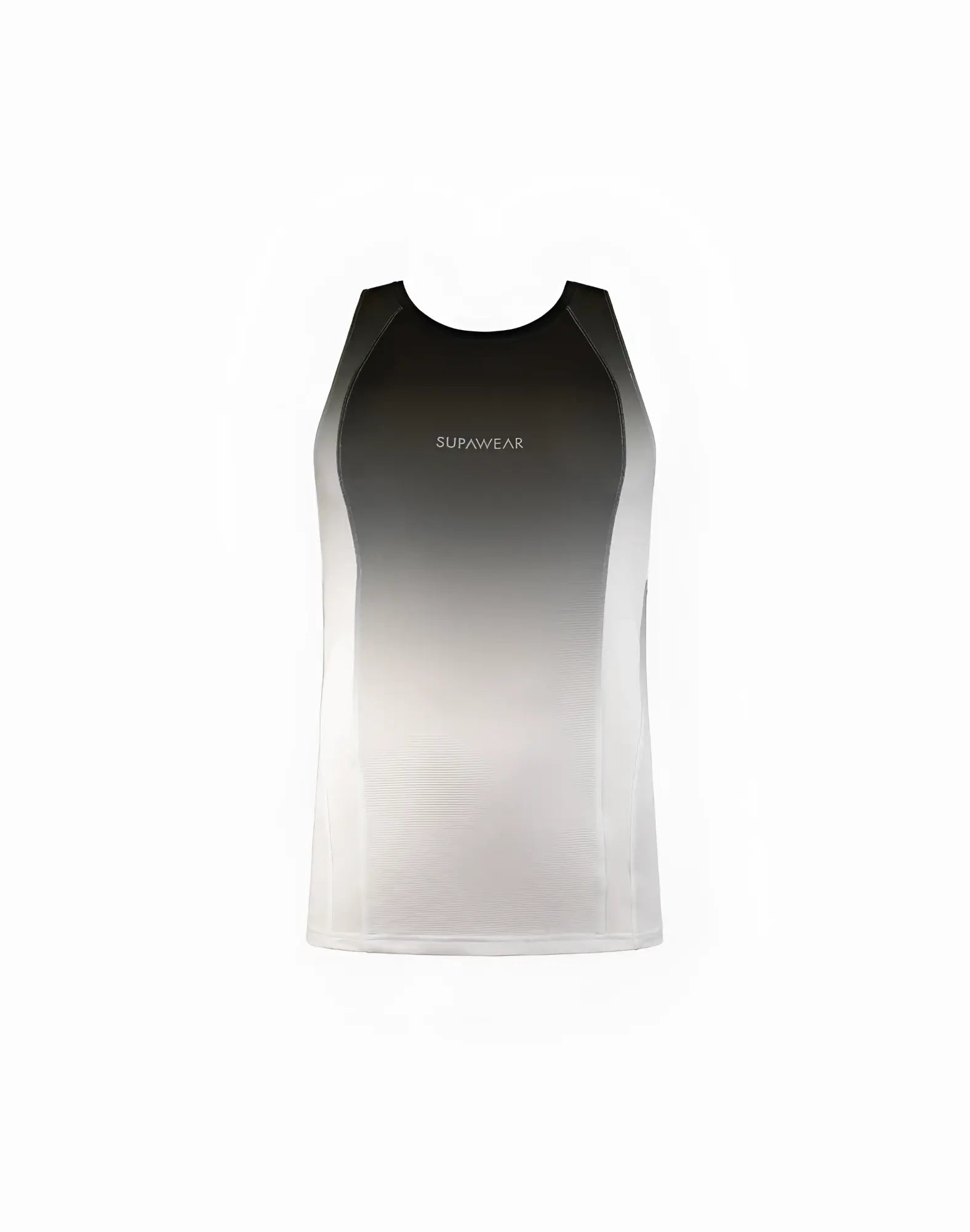 A supawear spr performance gradient singlet in black and white featuring a sleek breathable fabric with subtle texture