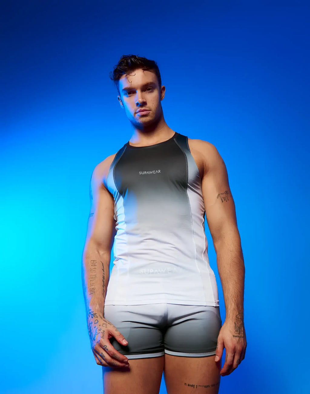 Black and white gradient tank top with supawear branding designed for performance and athletic use