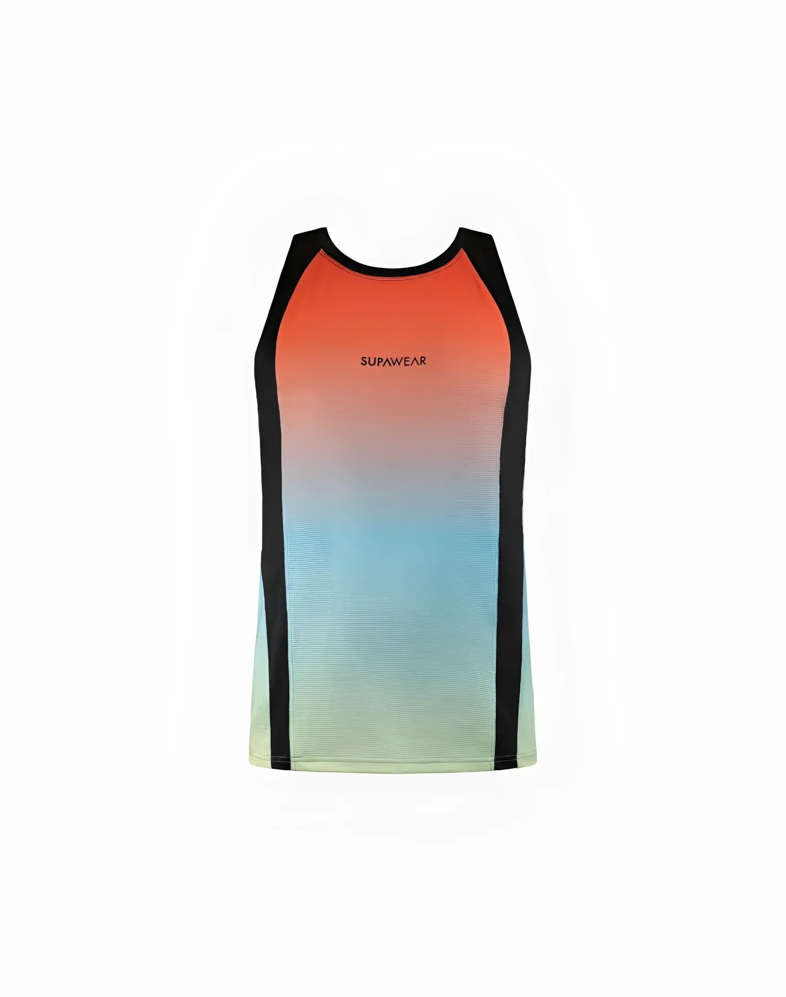SupaWear SPR performance gradient singlet rainbow with black side panels and subtle SupaWear logo at the center