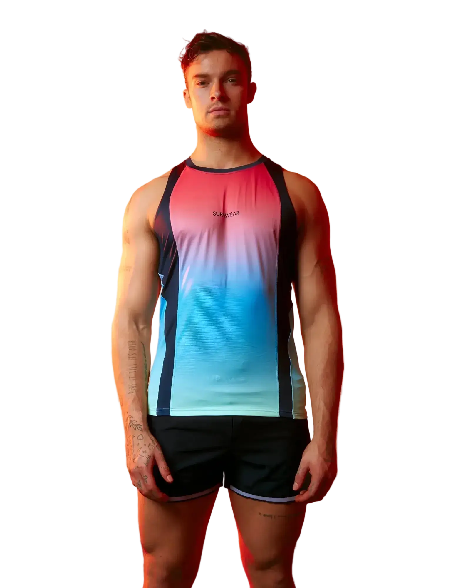 SupaWear SPR performance gradient singlet tank top with pink to blue ombre and black side panels featuring Sunwear logo