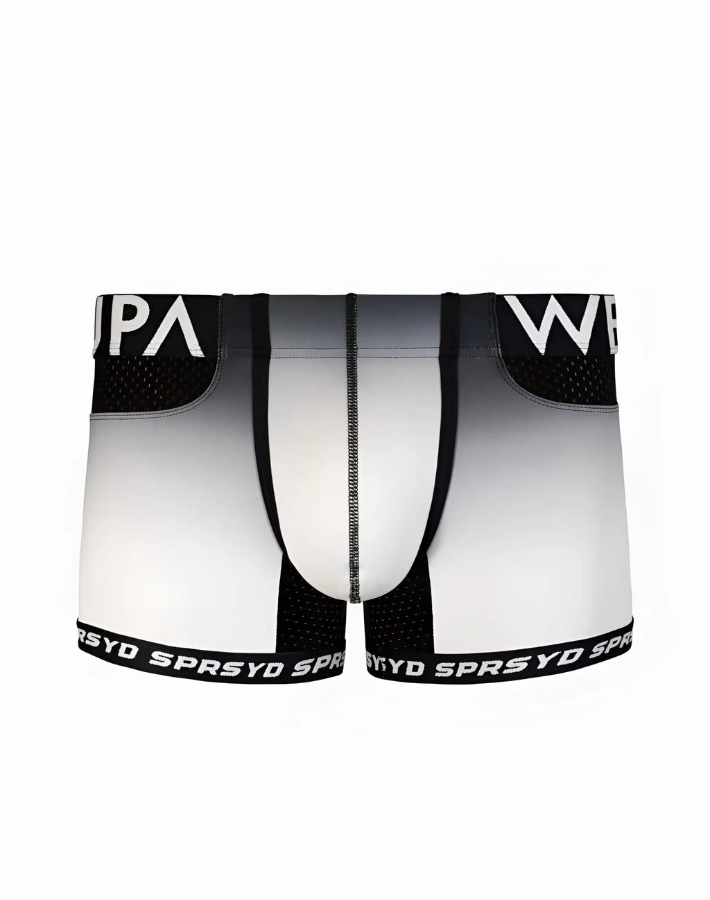 SupaWear SPR performance gradient trunk underwear in black and white with mesh panels and branded waistband