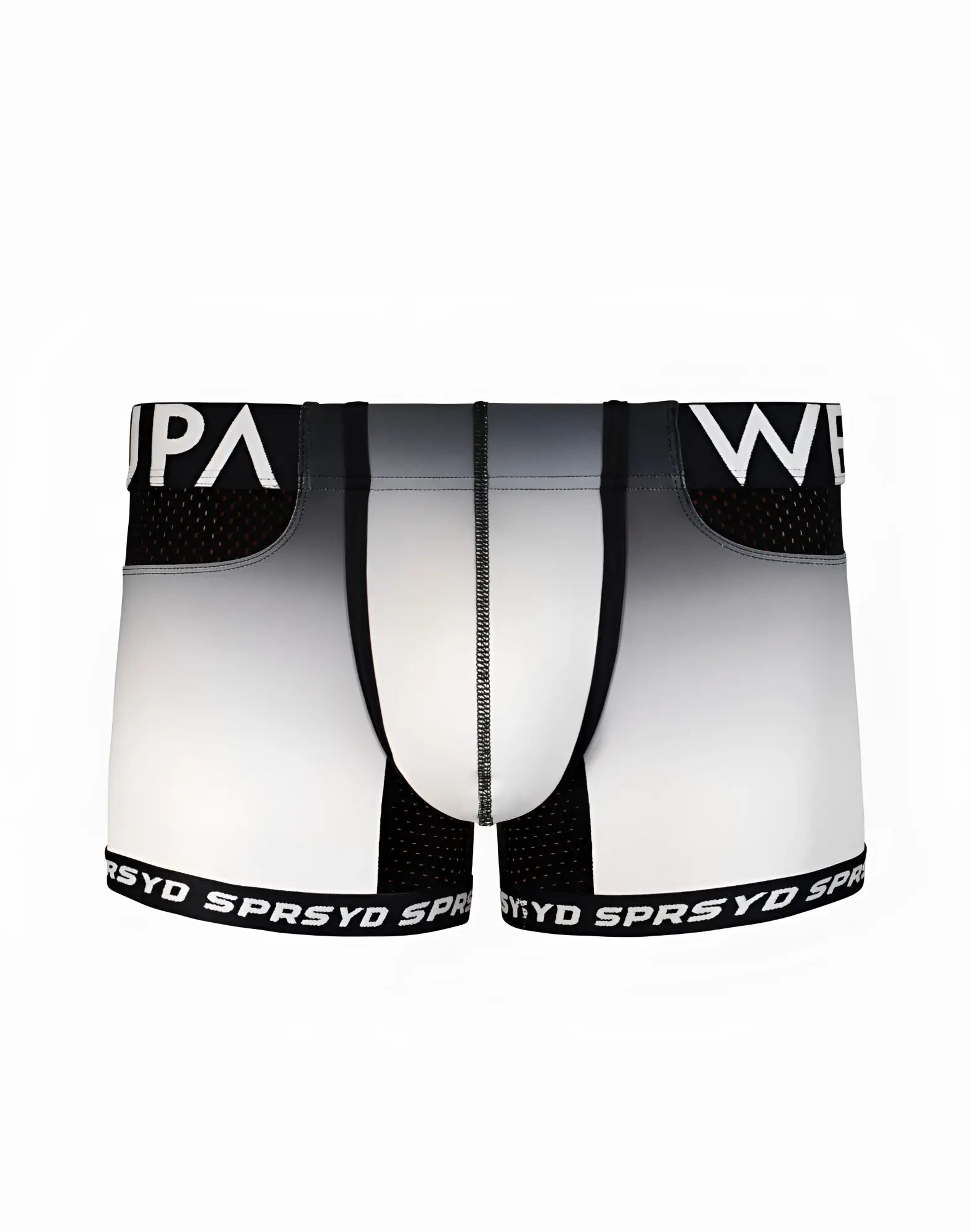 SupaWear SPR performance gradient trunk underwear in black and white with mesh panels and branded waistband