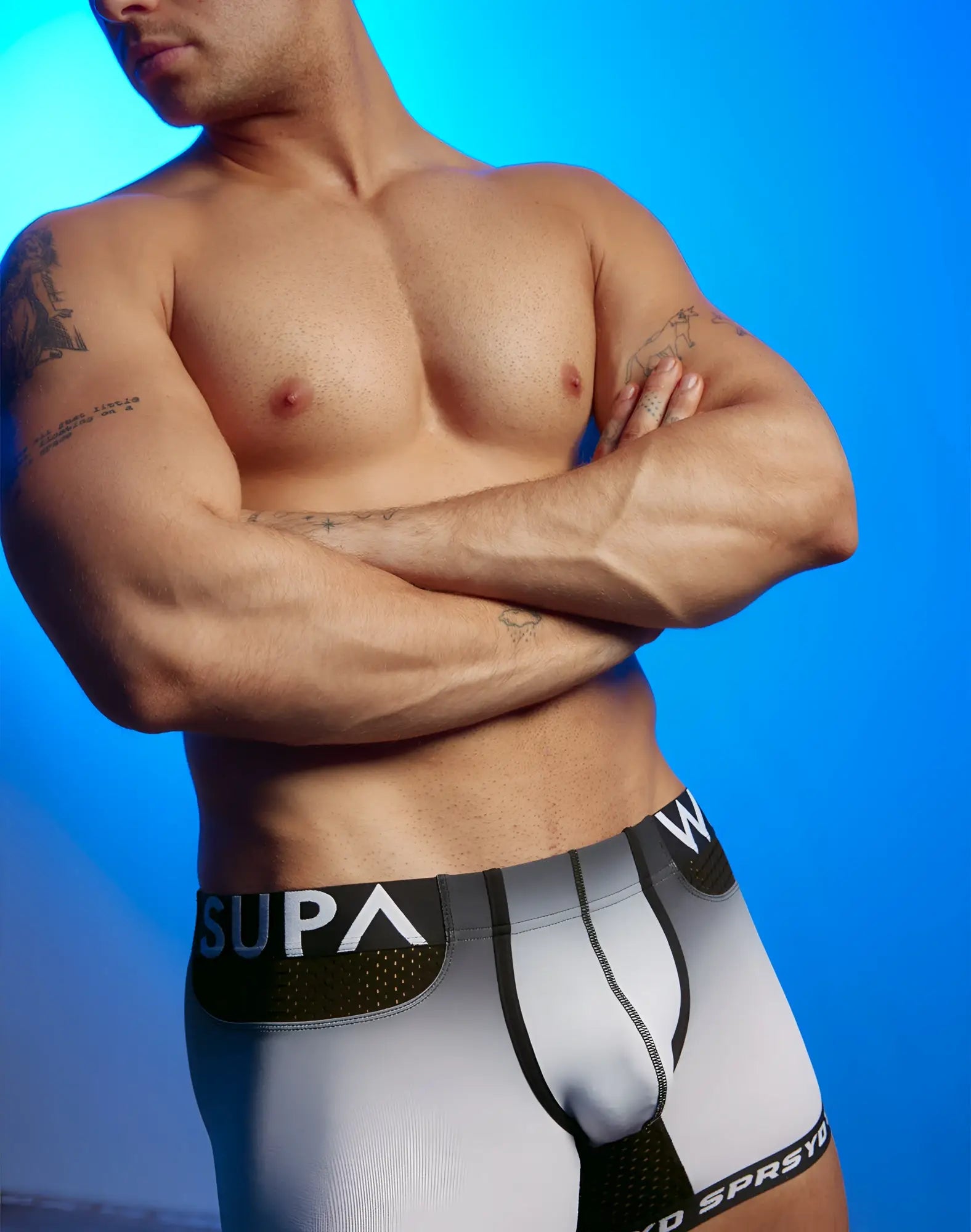 Gray and black SUPAWEAR SPR performance gradient athletic briefs with perforated waistband and supa logo in black white