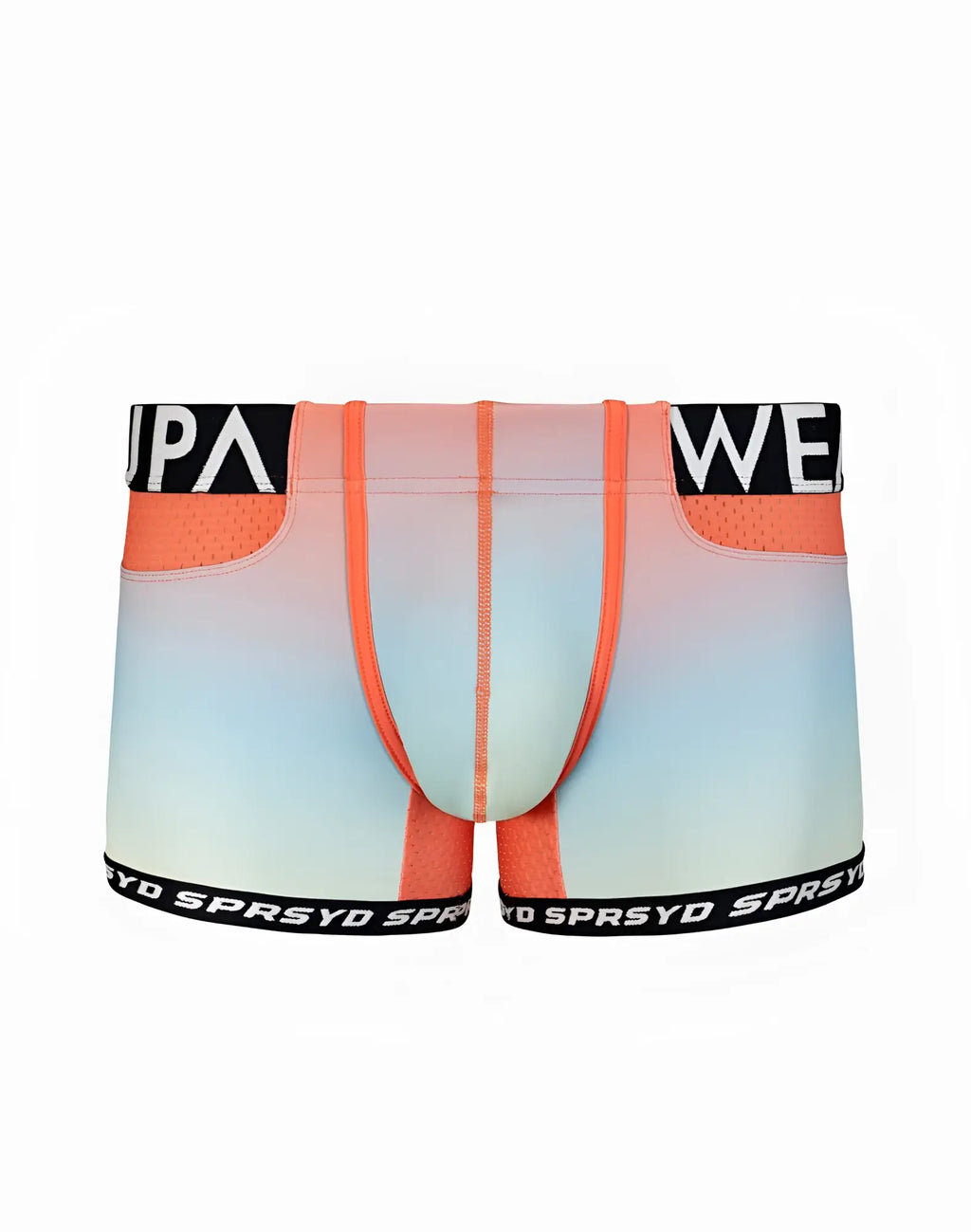 SupaWear SPR performance gradient swim trunks with neon orange trim and black waistband featuring white lettering