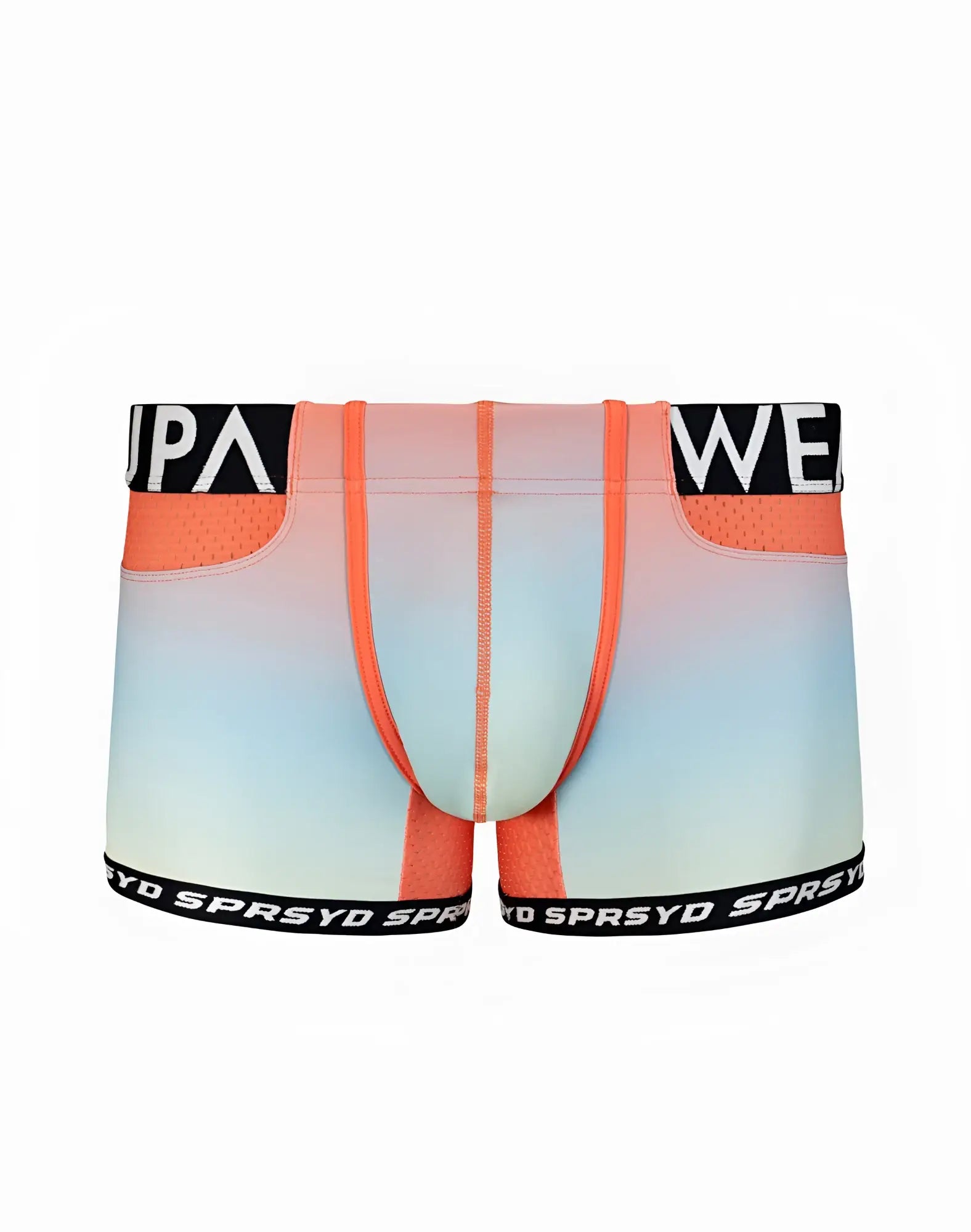 SupaWear SPR performance gradient swim trunks with neon orange trim and black waistband featuring white lettering