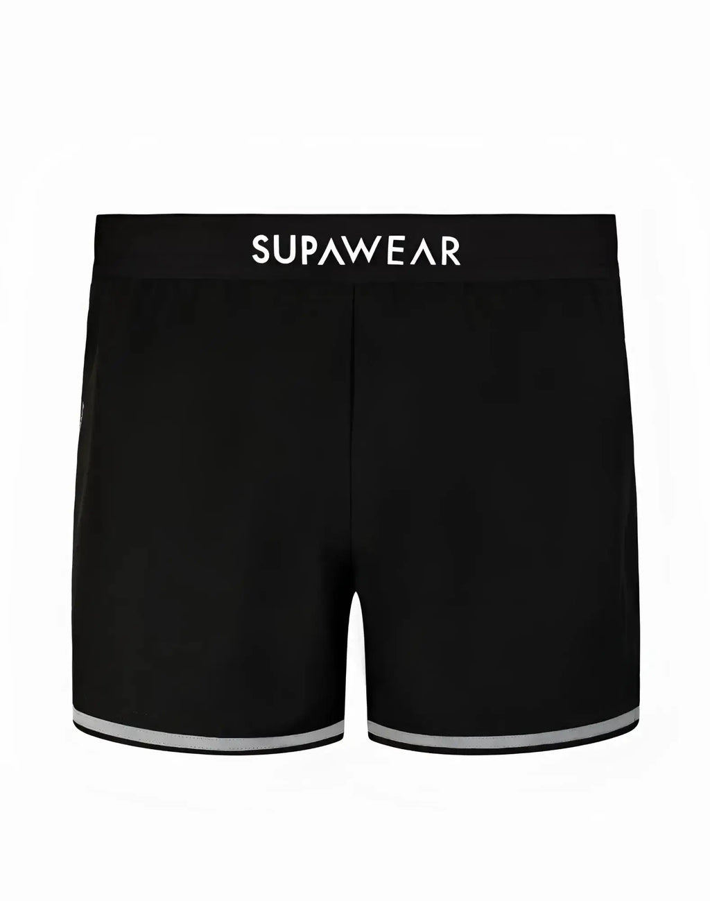 Black supawear spr performance swim trunks with white branded waistband and silver trim along leg openings