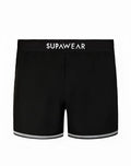 Black supawear spr performance swim trunks with white branded waistband and silver trim along leg openings