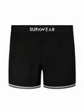 Black supawear spr performance swim trunks with white branded waistband and silver trim along leg openings