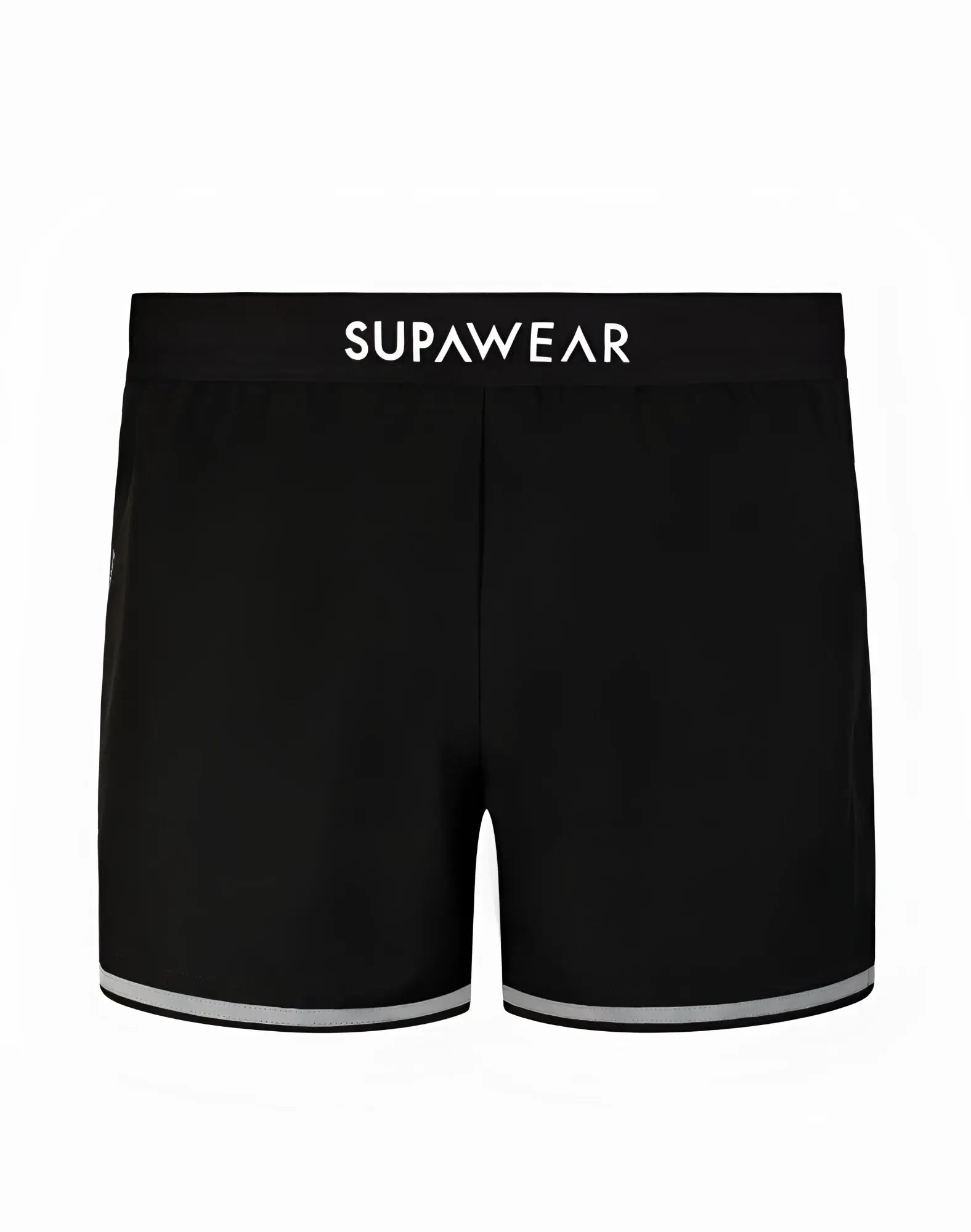 Black supawear spr performance swim trunks with white branded waistband and silver trim along leg openings