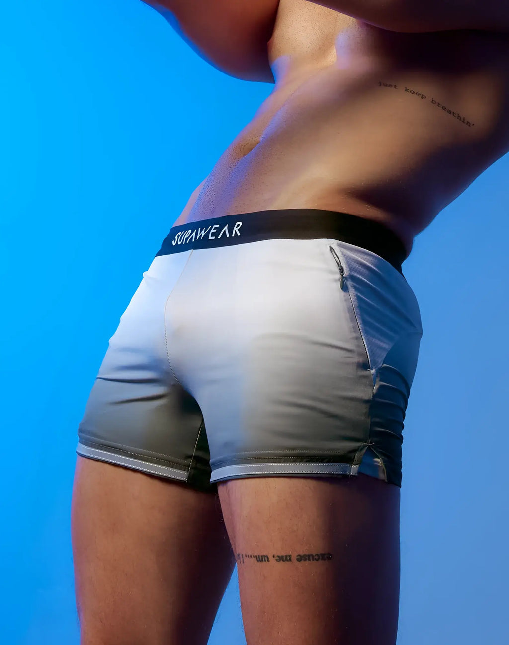 SupaWear SPR performance shorts in gradient black and white with a black waistband featuring the SupaWear brand name
