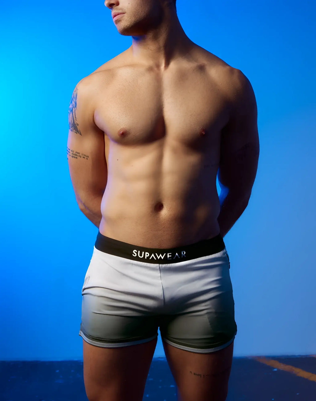White supawear boxer briefs with black waistband and supawear branding in white for performance wear