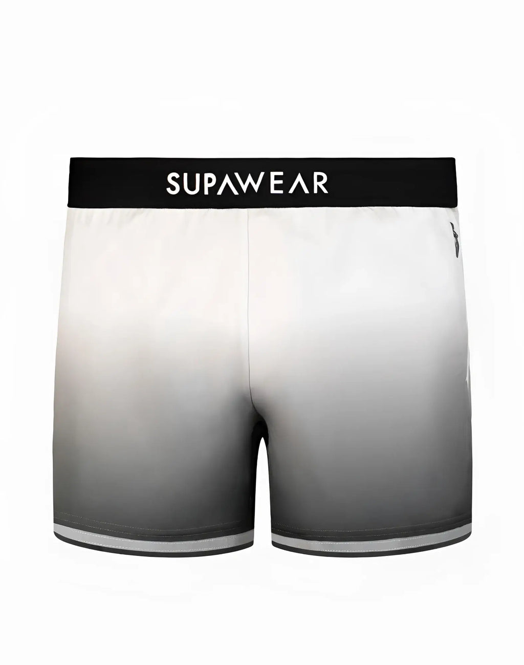 SupaWear SPR performance men’s boxer briefs in white and gray gradient with black waistband and SupaWear logo