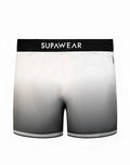 SupaWear SPR performance men’s boxer briefs in white and gray gradient with black waistband and SupaWear logo