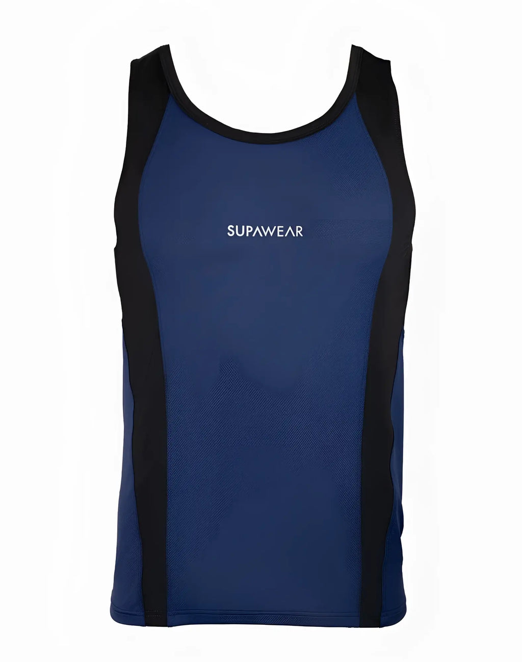 Blue and black SUPAWEAR SPR performance singlet with supawear branding in white for athletic use