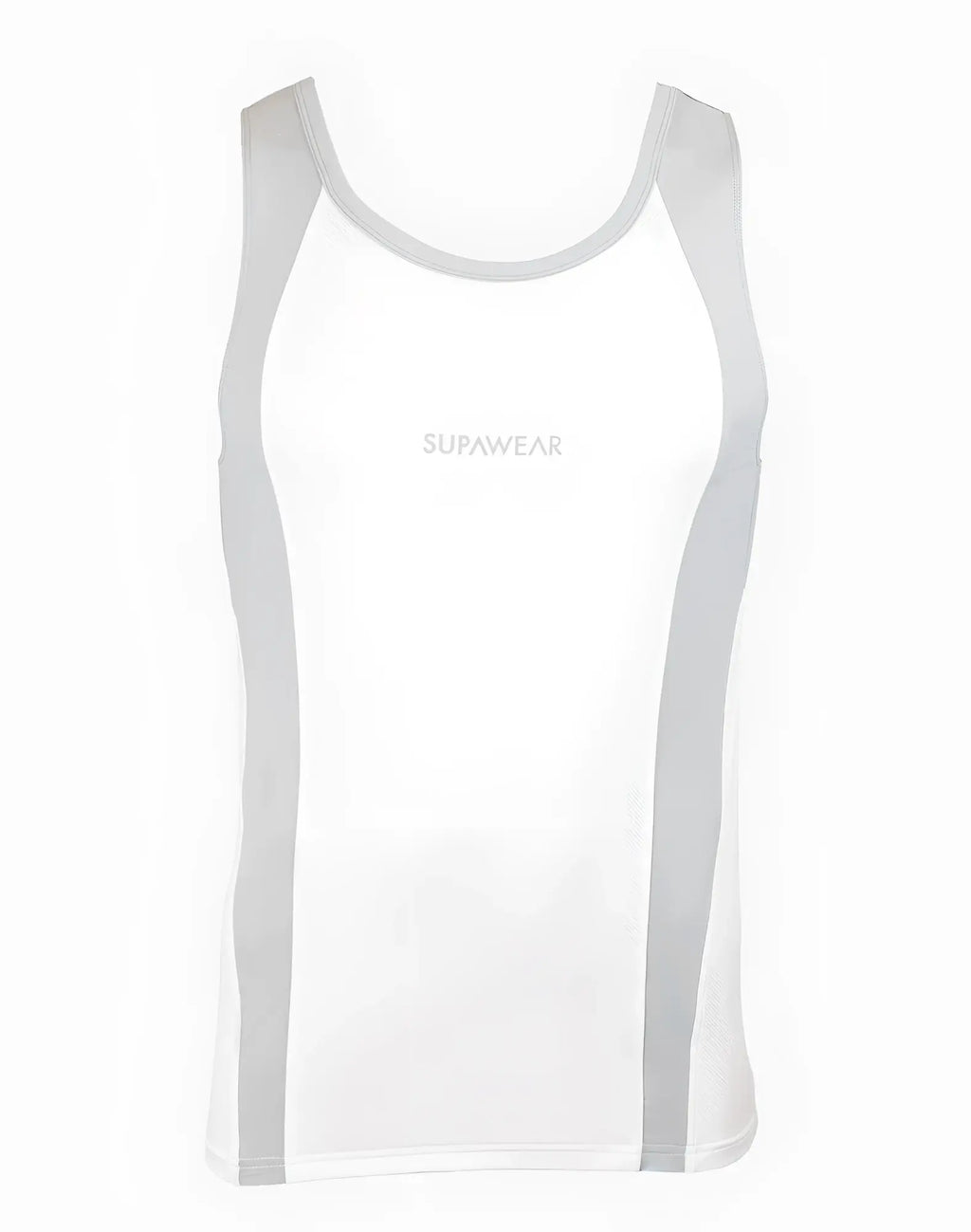 White Supawear SPR performance singlet tank top with light gray side panels and trim for athletic wear